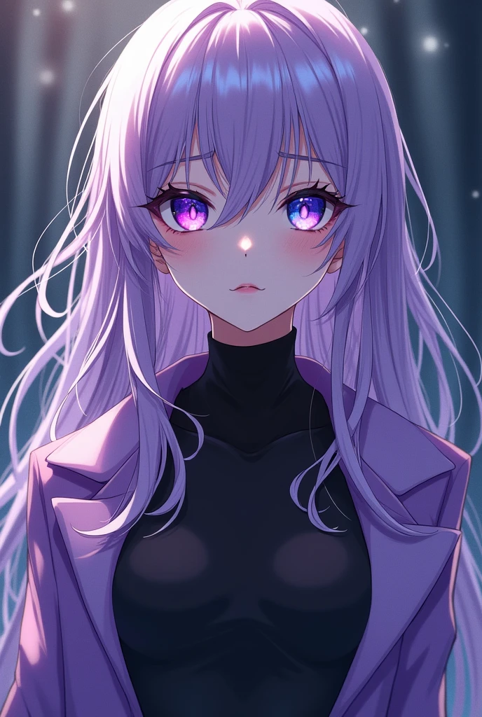 Pretty girl with light purple eyes, purple hair, pale complexion