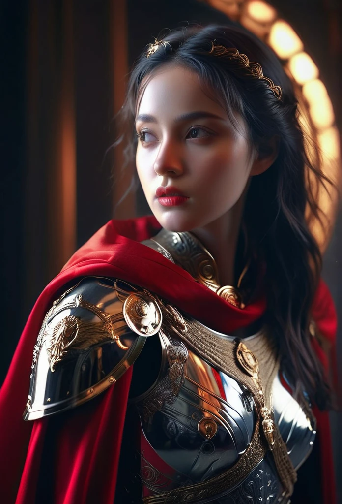 a beautiful woman dressed as a roman empire knight in a modern setting, red cape, shiny armor, sexy,detailed ornate armor, golden accents, flowing cape, piercing gaze, confident pose, dramatic lighting, cinematic composition, highly detailed, 8k, photorealistic, intricate details, chiaroscuro lighting, dark moody atmosphere, rich colors, glowing effects, dramatic shadows, hyper realistic