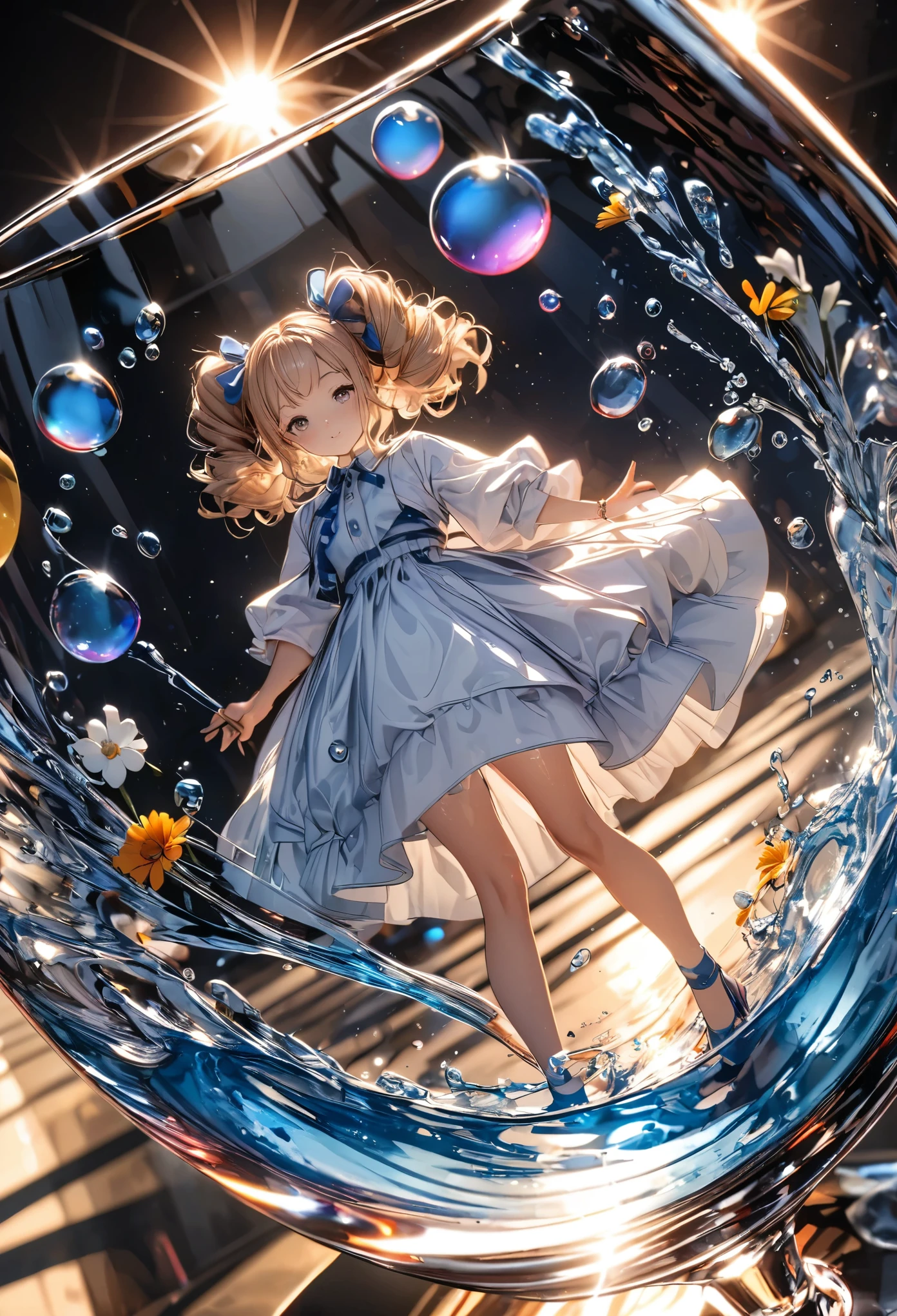 Super detailed, 8k, Angelic, glass, Water in a glass, Flowers in a glass, bubble, Right Blue Water, nice, bright,Girl in glass,Mini Girl,Refraction of Light,Reflection of light,Dynamic Angle,whole body,Stylish clothes,Stylish hairstyle,Stylish accessories,