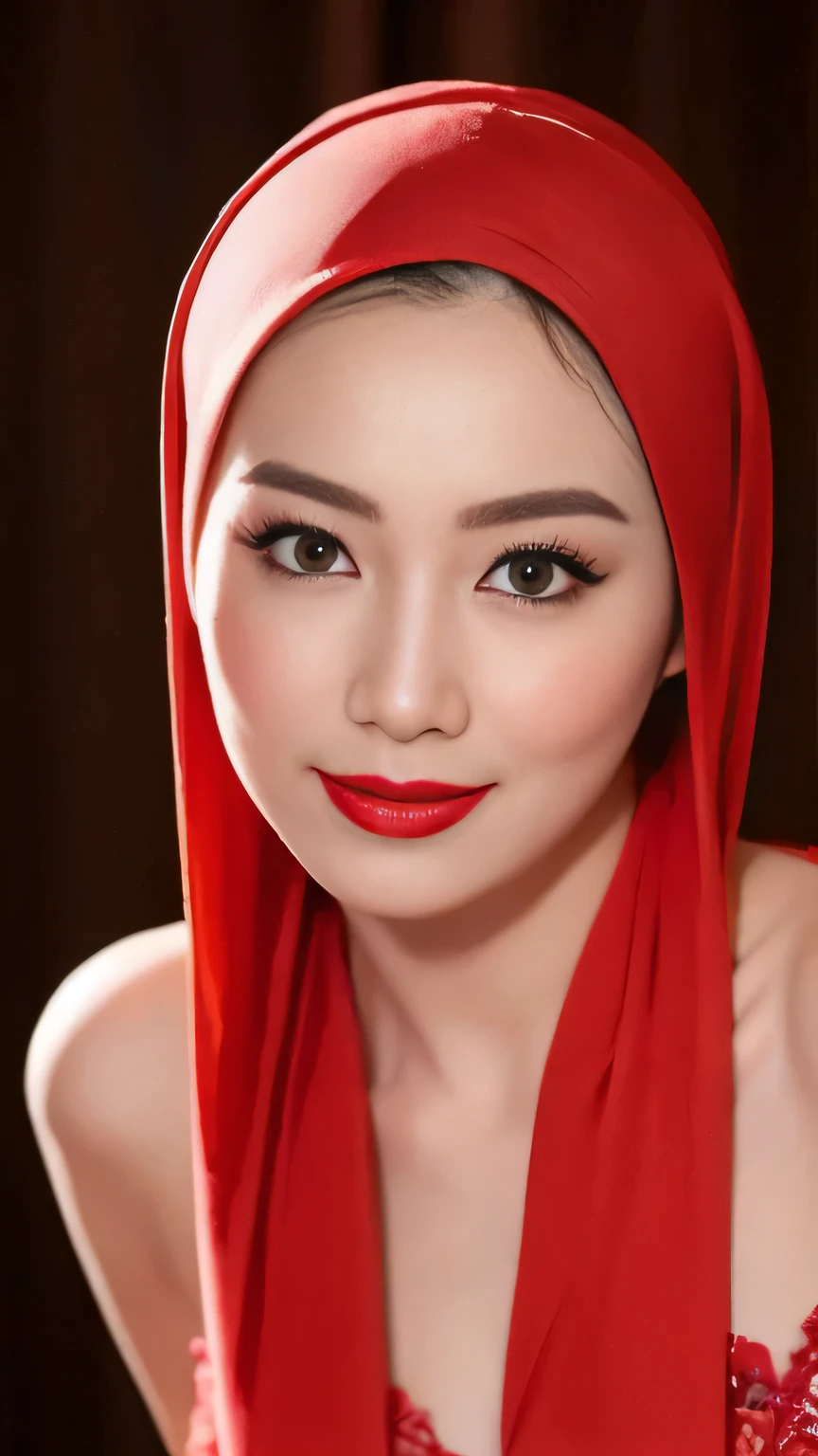 ((Realistic lighting, Best quality, 8K, Masterpiece: 1.3)), Clear focus: 1.2, 1 indonesian hijab girl, lolita , Perfect close up, beauty nude, naked, (Red hijab, medium saggy breasts: 1.3),  lace material, (indoor, night: 1.1), porn studio background, Super fine face, fine eyes, double eyelids, naughty smile, sexy seducing close up pose, Red Lipstick, Sensual Lipstick, Sensational Make up 