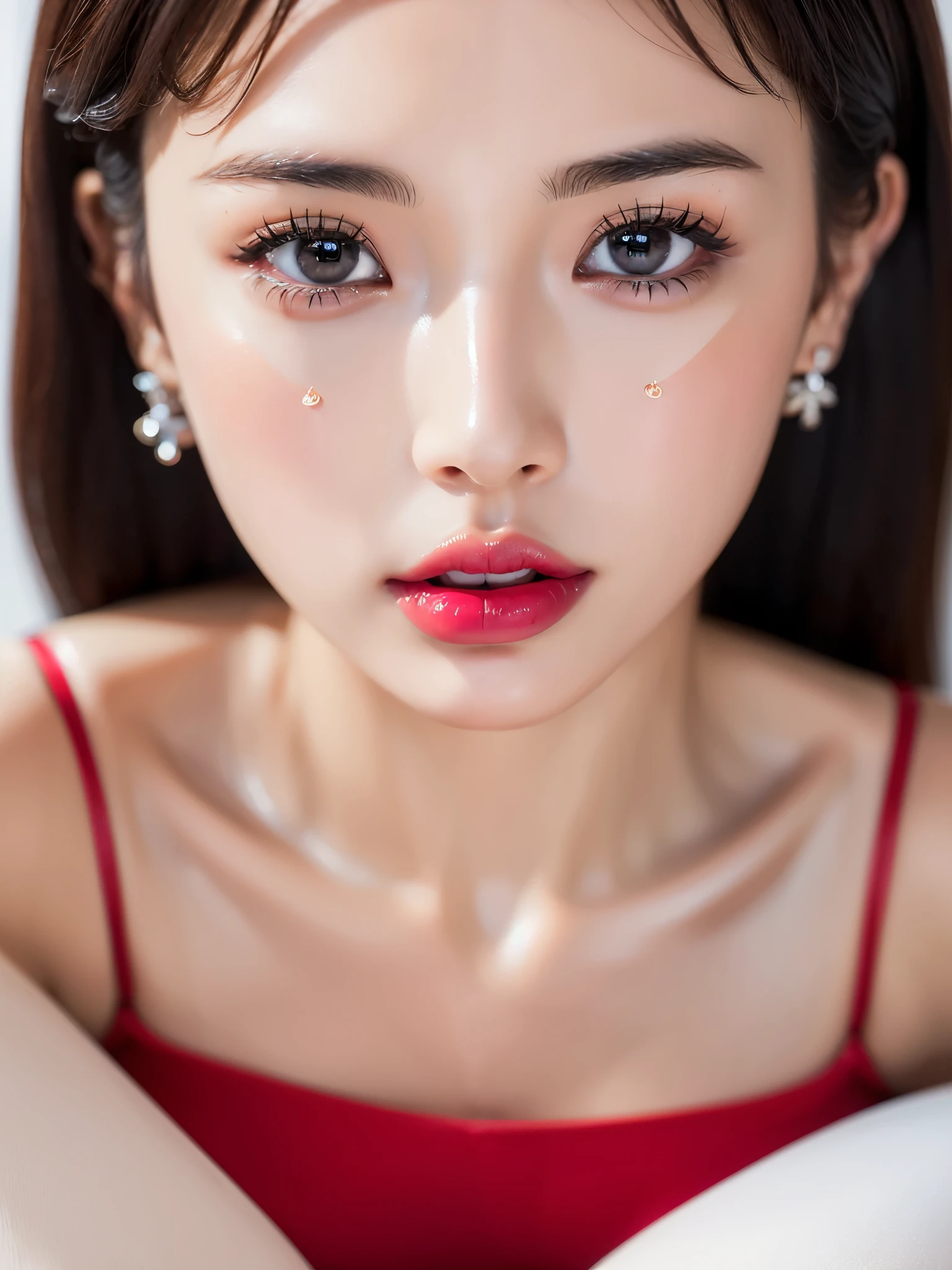 (UHigh resolution, retina, masterpiece, Accurate, Anatomically correct, Textured skin, Super Detail, Attention to detail, high quality, 最high quality, High resolution, 1080P, High resolution, 4K, 8k, 16k), (美しいAttention to detail目, Beautiful lip detail, Highly detailed eyes and face), Soft lighting, Physically Based Rendering, Vibrant colors,(((最high quality、masterpiece, 高精細CG8kイラスト, Highly detailed lights and shadows, Highly detailed face and eyes,masterpiece, 最high quality, Alone, One girl, Glowing Skin, Earrings, Splendid, Whimsical details, Bright red lips, Fascinating, Bare shoulders,Shallow depth of field,Clock Top,mini skirt, Contrasting, Professional Model, frontを向く、front, Portraiture , Left detailed pupil,Right symmetrical pupil,Wavy Hair))), (Glowing Skin), (Wide-angle),(Alone), (Urzan-6500:0.33)、Outdoor、(((Full Body Shot,Glossy thighs)))