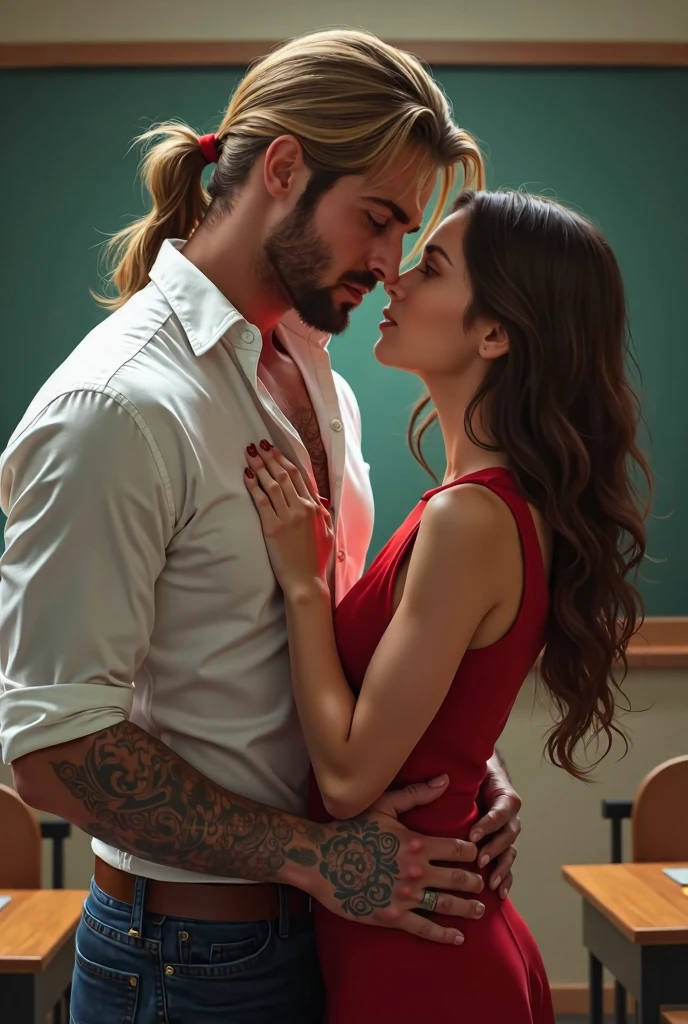 I wanted a scene with a rural classroom background, with a man and a woman having hot sex on the floor. The man has a big penis and a long black haired, tanned woman, wearing glasses in a school uniform, and large breasts. Both are naked, with the woman facing forward showing her large breasts.