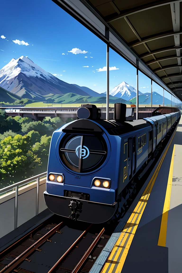 Create an illustration of a sleek, modern 8-car anime galactic express 9999 illustration speeding along a railway track. The train should have a metallic silver and blue exterior, with large windows and aerodynamic curves. Each of the 8 cars is connected seamlessly, and the setting should be a scenic landscape with mountains and greenery in the background under a clear blue sky. The train is moving quickly, giving a sense of motion, and the sun is shining, casting soft shadows on the train and ground.