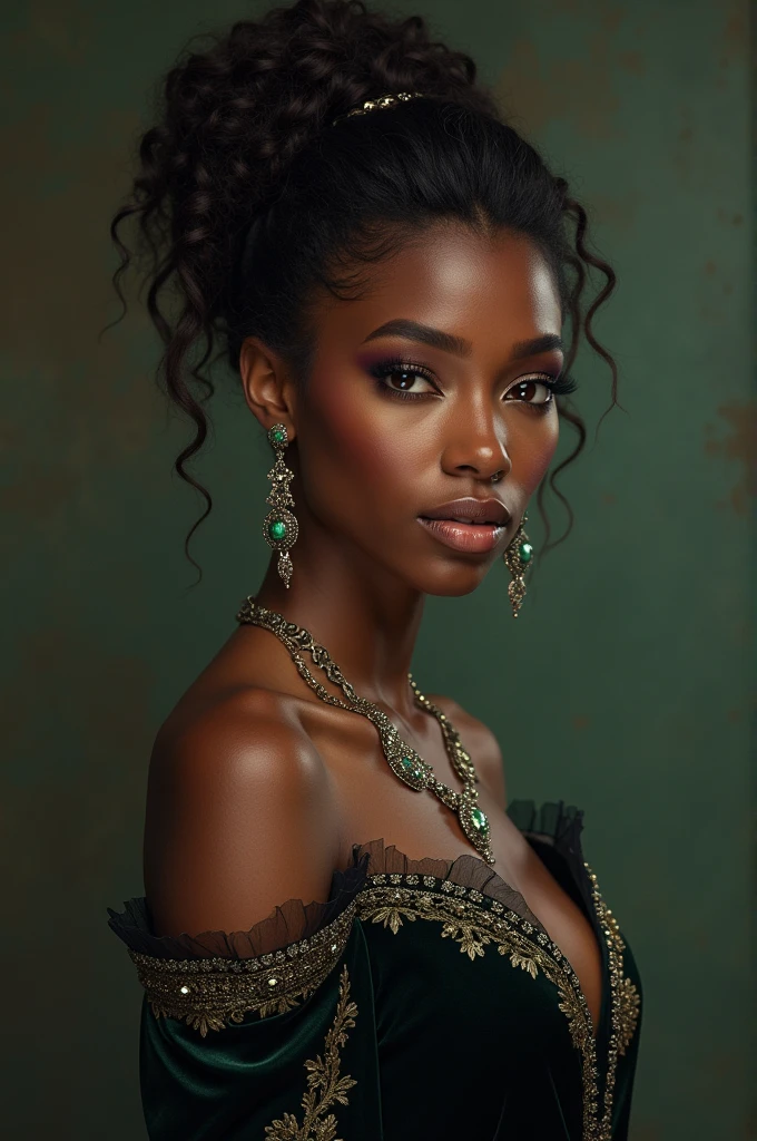 (((Femme noir africaine, peau couleur ébène noir intense et profond, peau parfaite, en mouvement,  marche, full body, intelligente, fine lace bodysuit underwear))), ((best quality, extremely detailed:1.8, hyperRéaliste:1.5, photorealistic:1.5, grande profondeur de champ, vue de face, very beautiful 35 year old woman, Prise de vue en direct, low-cut, fine lace bodysuit underwear, full body and legs)), ((femme debout, she has a serious pose, very long hair, black hair with gold and shiny green highlights, quelques mèches tressées, tresses africaine, light bustier, dentelles fines et délicates, poitrine push-up)), ((detailed black african woman face looking at camera, yeux verts claire électrique, feline silhouette, cheveux volant dans le vent)), (photorealistic), sharp eyes, poitrine push-up, very thin waist, jambes longues, longues jambes,  fine and detailed hands, detailed hairstyle, very long hair,  femme charismatique, charisme, charismatique, sparkling eyes, dentelles fractal