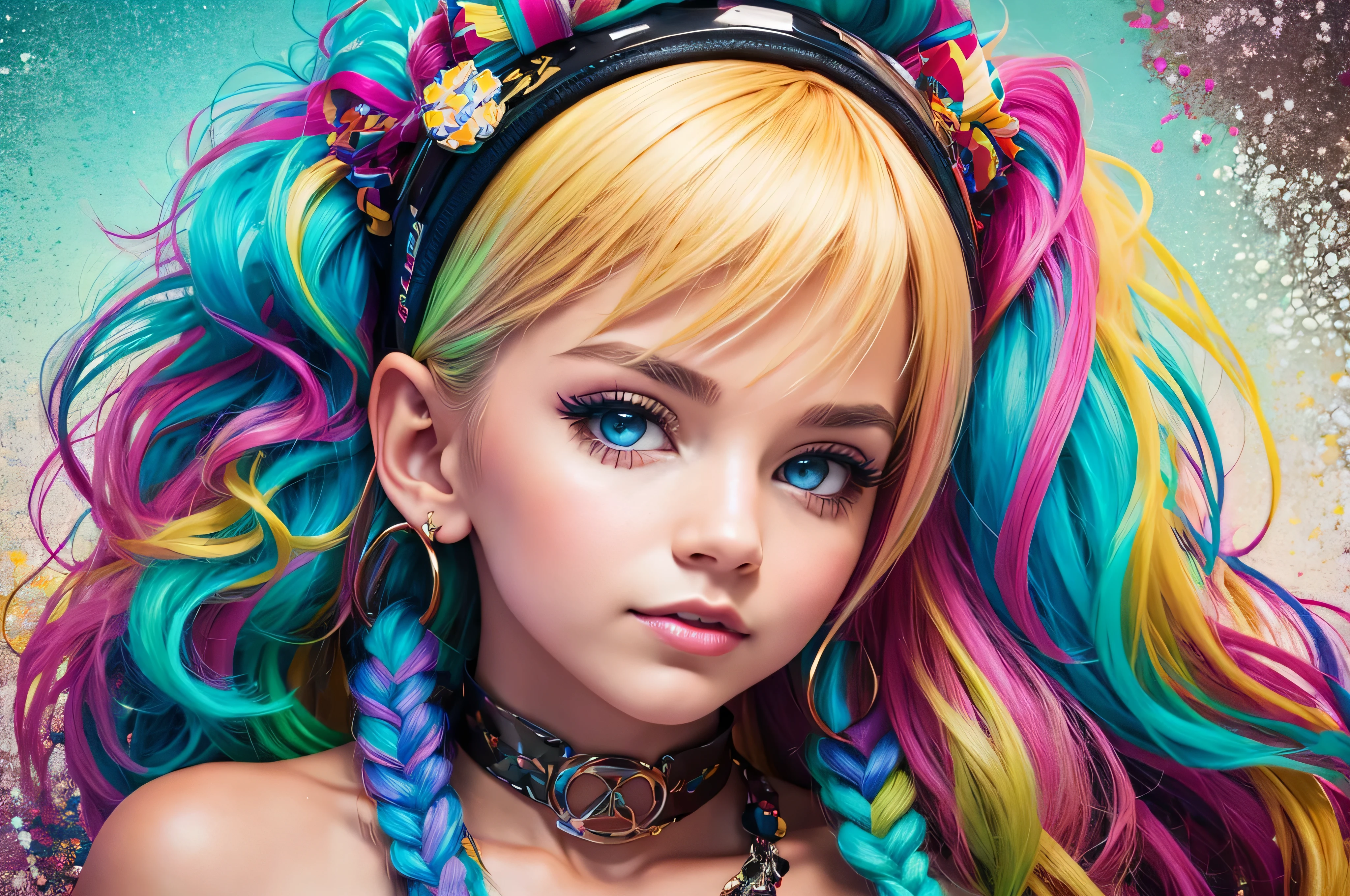 ((Brec Bassinger)) , blond woman in a bikini with braids and a choke, wearing pearl neon bikini, colorful pigtail, blond hair with pigtails, y 2 k cutecore clowncore, blonde goddess, electronic bikini, rave inspired, bold rave outfit, decora inspired, cute rave outfit, divine ray over her head, rave outfit, cute bikini, lone petite female goddess