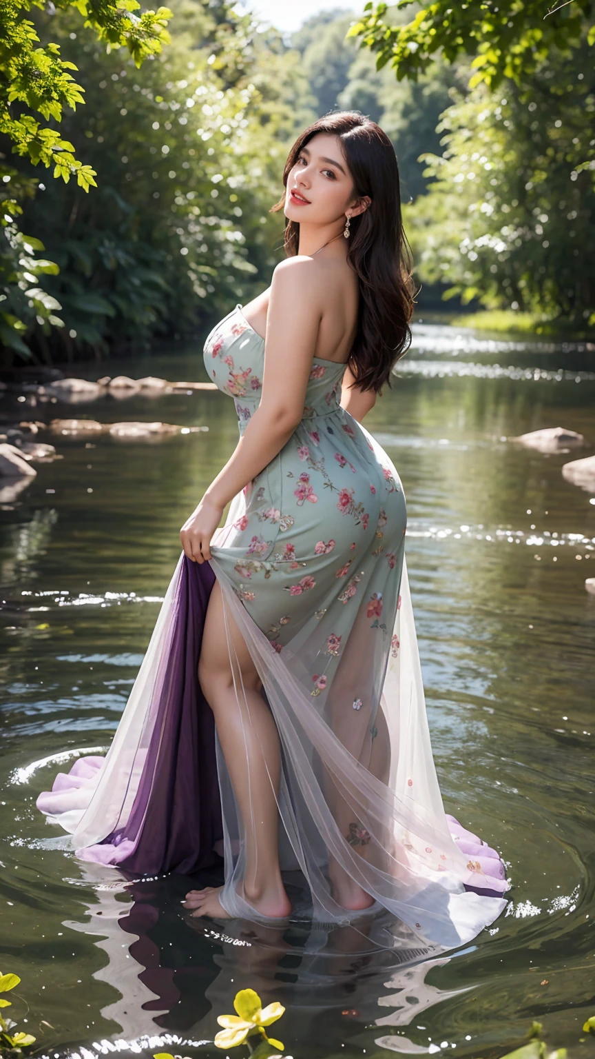 (masutepiece, Best Quality), ultra-detailliert, Photorealsitic, Beautiful woman with brunette hair, ((Dense lace maxi dress)), Silk Lingerie, Knitted sandals, a necklace, Wavy Hair, Perfect face, Clean face, enticing, big gorgeous eyes, I have my mouth wide open, makeup, red-lips, heavy eye makeup, wetting hair, Rain-drenched body, Voluptuous body, seducting smile, Glamorous body, Big ass, (plein air), Rural town, By the pond, cloudy ash sky, Bright colors, Gravure Pose, suggestive pose, Standing in the pond