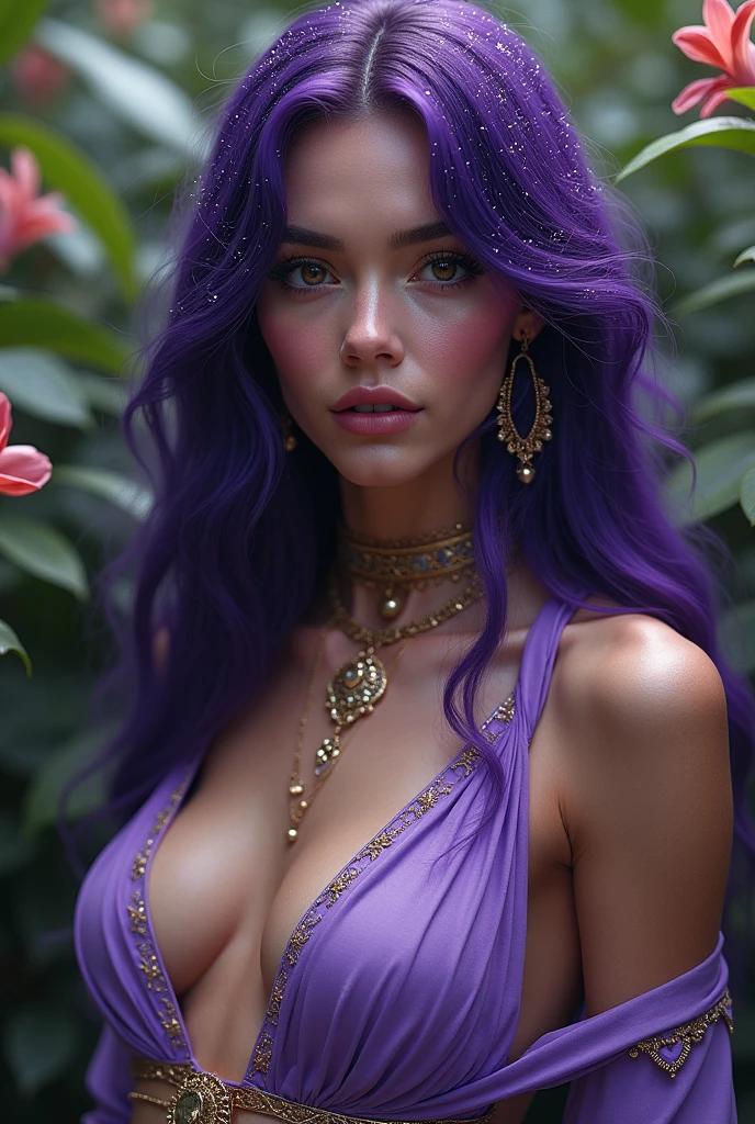 4K High resolution full body , hyper realistic , anatomically perfect , 18 year old girl from Egypt , Dark Violet long slightly wavy hair , Orange eyes with thin eyebrows , Modern jewelry for hair and body , Model poses in light roses transparent fine silk with no underwear , Background white Pavilion in a fantastic garden from another world