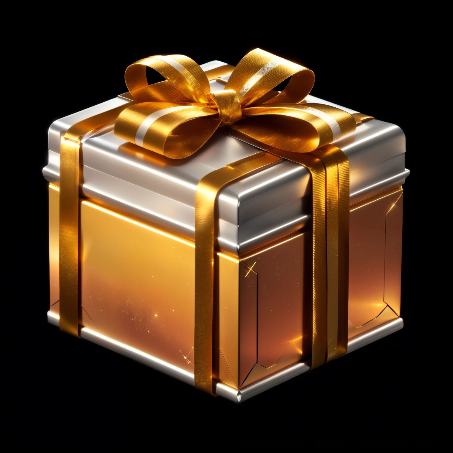 (masterpiece:1.1), (:1.1)，A gold ribbon wrapped around a silver and orange gift box,，Metal material,Metallic luster，Science Fiction，Technology，Reality，Realism，Treasure Chest