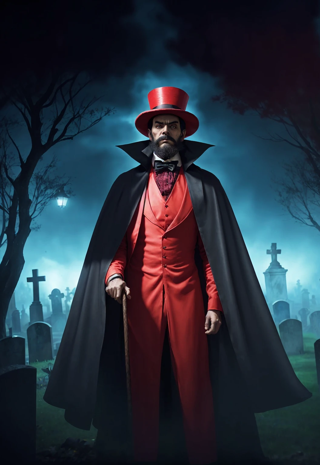 Digital illustration style 2.5D de um homem Latino de pele escura (Latino), use beard, he is wearing a red top hat, red clothes and a long black cape, a graveyard wizard, Elegant man, a shadow wizard, PENETRATING LOOK e sombrio, PENETRATING LOOK, he holds a cane, sinister scenario, dark image, dark night light.