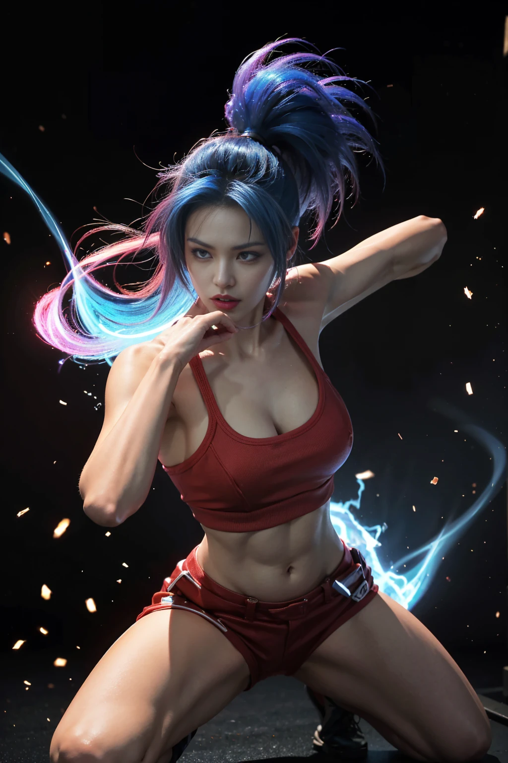 Leona Heidern, a fierce combatant from the iconic "King of Fighters" series, in the midst of a dramatic transformation. Her hair, typically a vibrant blue, begins to shimmer and morph into a fiery shade of red. The transformation is not random, but rather a testament to her embracing her Orochi heritage. Her spiky ponytail, once a symbol of her disciplined military background, now radiates with the intense power of the Orochi clan. The ponytail grows longer and more voluminous, the spikes sharper and more pronounced, resembling the fiery fangs of an ancient beast. Her eyes glow with a mix of determination and the newfound power surging within her, hinting at the internal struggle as she harnesses this formidable force. The background is a chaotic whirl of dark energy, suggesting an intense battleground where this metamorphosis occurs. The lighting casts dramatic shadows on her face and body, highlighting her sharp features and enhancing the stark contrast between her former and current selves. Leona's stance is strong and commanding, with one hand raised in a fist and the other extended, palm open, as if ready to unleash the power of Orochi. Her attire, reminiscent of her classic in-game outfit, is slightly altered, now adorned with crimson accents that match her transformed hair. Her movements are swift yet calculated, emanating an aura of both beauty and danger. The transformation captivates the viewer, leaving them eager to see the full extent of her unleashed power and the fate that awaits her in the battles to come.