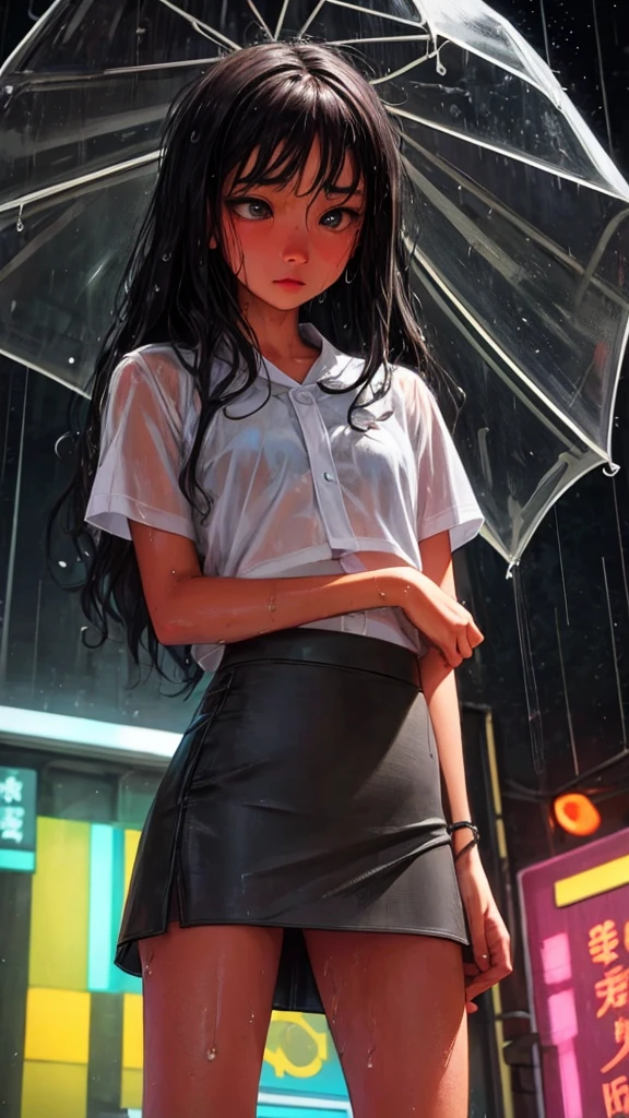 ultra-detailed, vibrant colors, soft natural lighting, fine art, bokeh effect. upper body, casual outfit, medium shot, big eyes, huge eyes, ((standing)), ((raining:1.4)), under the rain, ((gray colours:1.5)), ((at night)), ((dark atmosphere:1.5)), ((small breasts:1.3)), ((flat chest)), ((neon lights:1.4)), ((Hong kong view on the background:1.4)), ((wet hair:1.5)), ((wet:1.4)), ((mini skirt:1.4))