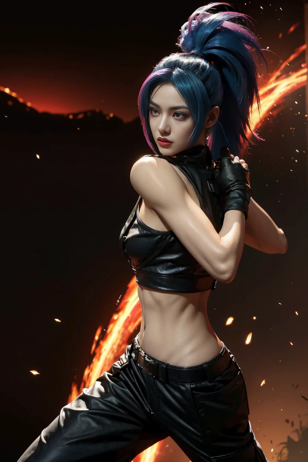 Leona Heidern, a fierce combatant from the iconic "King of Fighters" series, in the midst of a dramatic transformation. Her hair, typically a vibrant blue, begins to shimmer and morph into a fiery shade of red. The transformation is not random, but rather a testament to her embracing her Orochi heritage. Her spiky ponytail, once a symbol of her disciplined military background, now radiates with the intense power of the Orochi clan. The ponytail grows longer and more voluminous, the spikes sharper and more pronounced, resembling the fiery fangs of an ancient beast. Her eyes glow with a mix of determination and the newfound power surging within her, hinting at the internal struggle as she harnesses this formidable force. The background is a chaotic whirl of dark energy, suggesting an intense battleground where this metamorphosis occurs. The lighting casts dramatic shadows on her face and body, highlighting her sharp features and enhancing the stark contrast between her former and current selves. Leona's stance is strong and commanding, with one hand raised in a fist and the other extended, palm open, as if ready to unleash the power of Orochi. Her attire, reminiscent of her classic in-game outfit, is slightly altered, now adorned with crimson accents that match her transformed hair. Her movements are swift yet calculated, emanating an aura of both beauty and danger. The transformation captivates the viewer, leaving them eager to see the full extent of her unleashed power and the fate that awaits her in the battles to come.