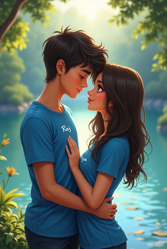 A 16 years little dark skin color boy wearing a t-shirt in which printed letter is "Rahul " 
And boy is kissing in chick with 16 years cute white girl whose t-shirt is print with letter "Sanjana"at a centre of nature 