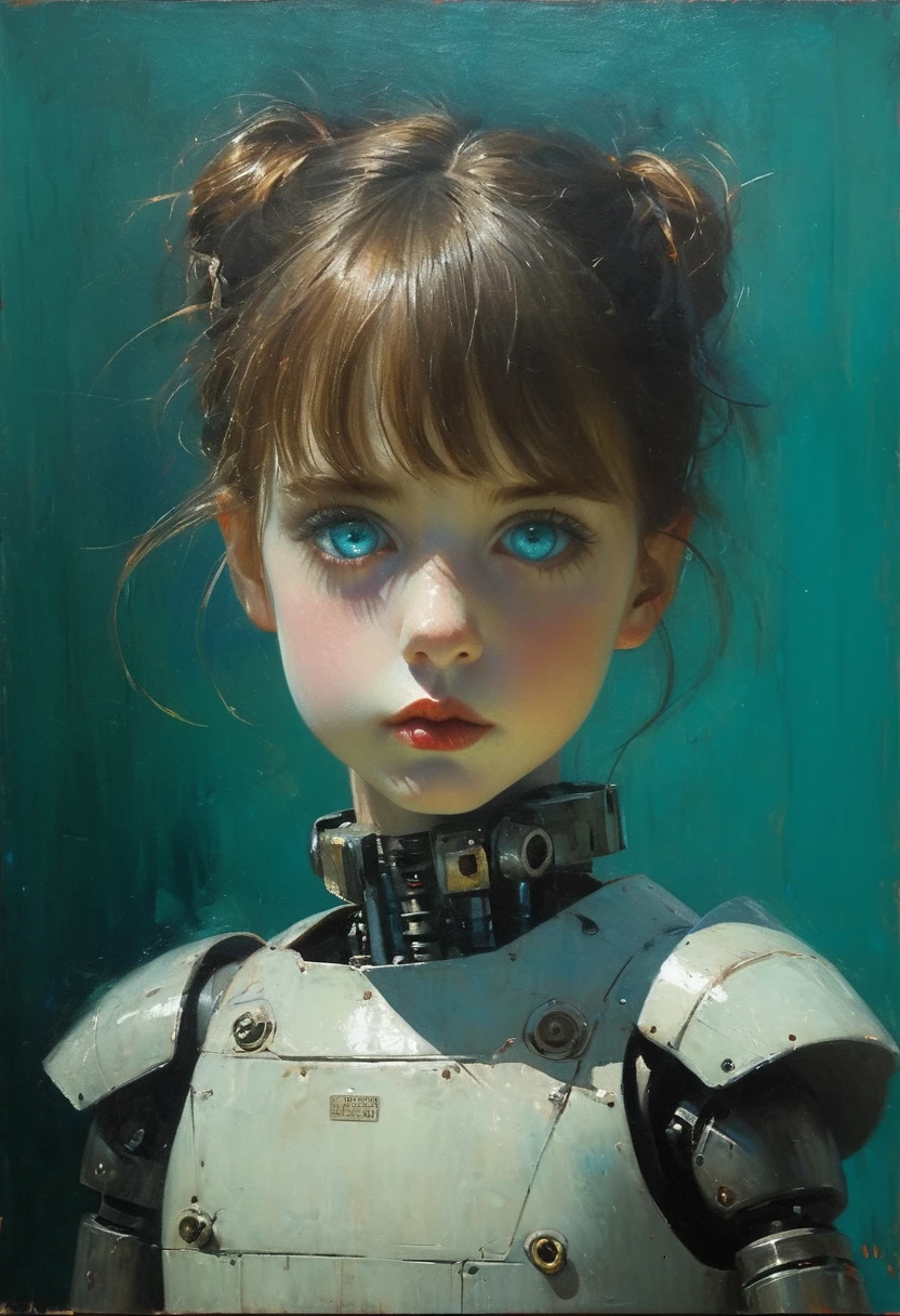 Full length view. Little funny robot, porcelain face and head, big turquoise eyes, perfect eyes, best quality. Beautiful cinematic impressionistic painting, Dark dramatic character, in the style of Jeremy Mann and Charles Dana Gibson, Mark Demsteader, Paul Hedley

