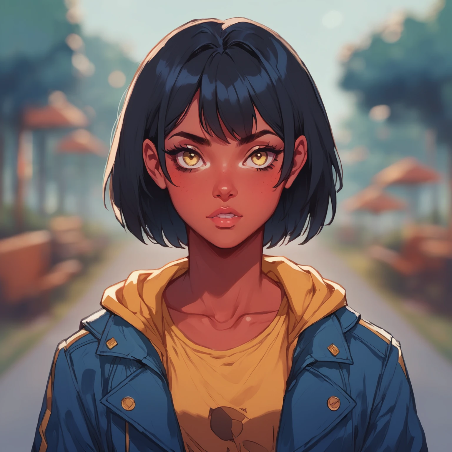 anime girl with black hair and yellow shirt standing in a park, artgerm and atey ghailan, anime style portrait, digital anime illustration, urban girl fanart, pharah, anime style illustration, semirealistic anime style, in the style of ross tran, anime style character, in an anime style, portrait knights of zodiac girl,red skin,amber eyes 