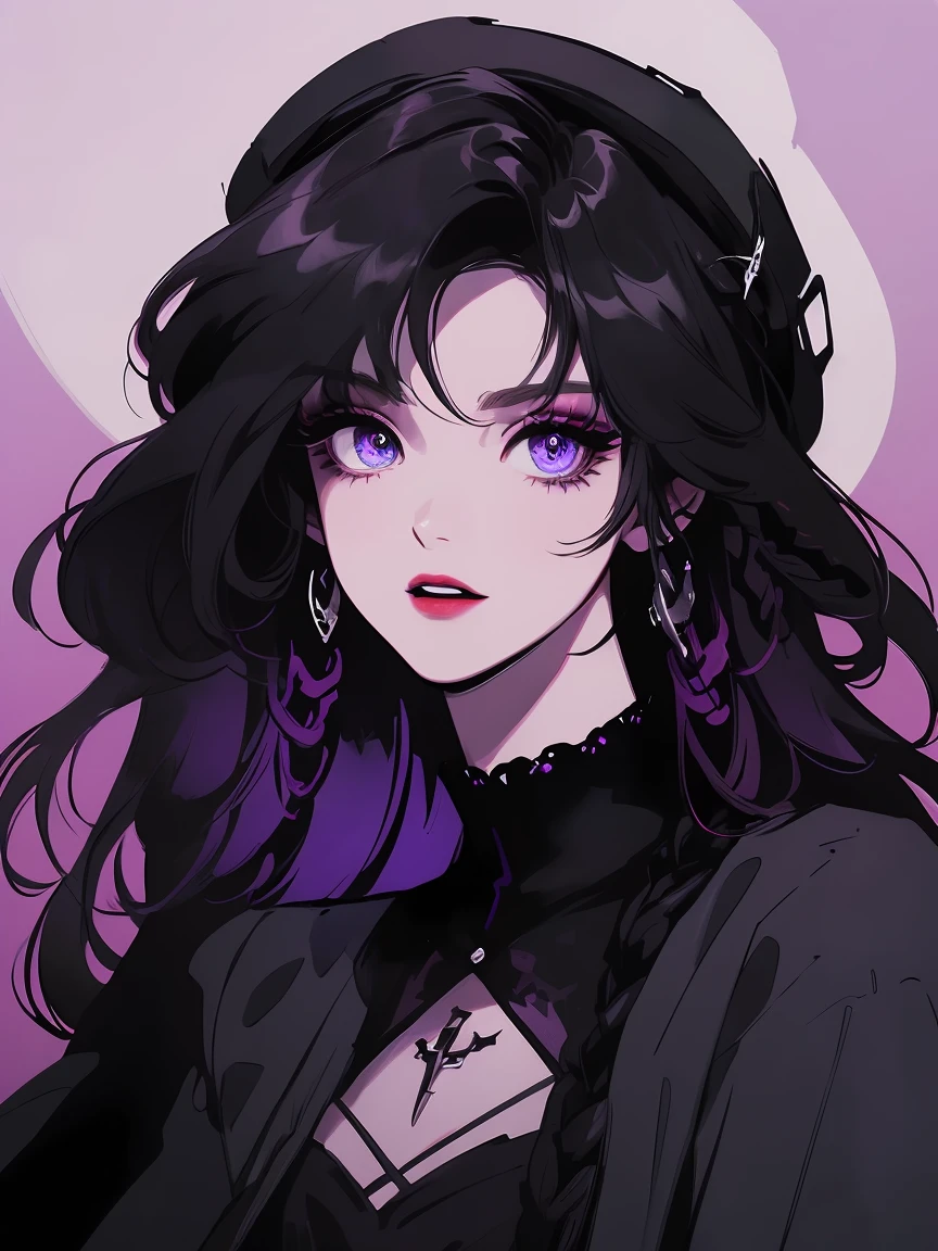 A girl with pale skin, dark purple hair, purples eyes, and a dropped sweater showing her bust