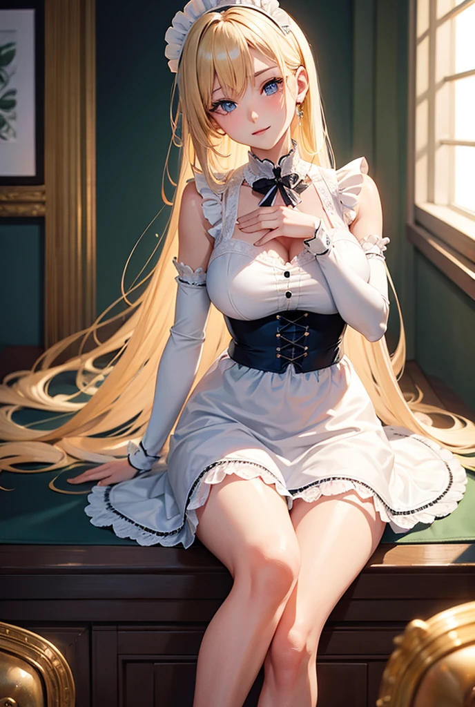 multicolor hair, blonde, elf, 1girl, 1boy, cottage, slave collar, slave chains, boobs, legs spread on the floor, maid, cum on the floor, open mouth, cum in mouth, pulling slave chain,,