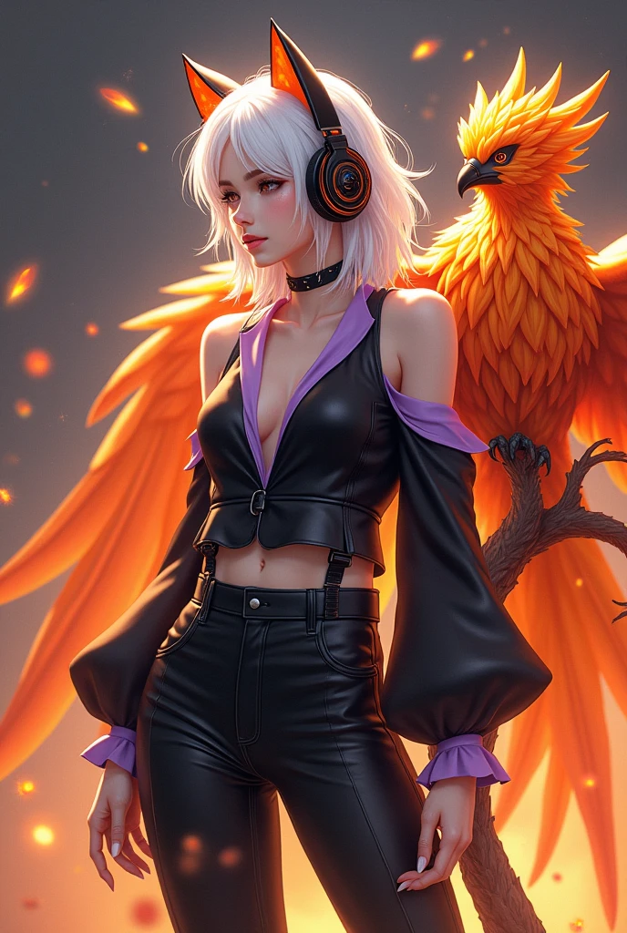 a realistic Ai girl with white hair wearing a formal black outfit and wearing a necklace with name "Kiss" on it with a firing phoenix in her back