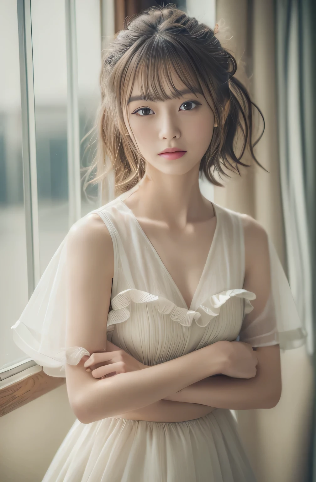 (daydream), 1girl, 1picture, solo picture, Kim Yoo-jung, (pretty young face (Russian)), focus brave chest, (insult strip colour hair), (lace dress), (8k HD extremely realistic detailed face:1.5 (soft scene, very low lightning), detailed beautiful reflection pupils, masterpiece:1.3, ultra highres:1.2, dynamic lighting)