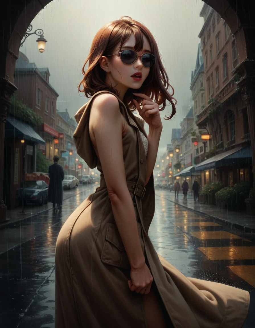 Masterpiece, top quality, illustration, {beautiful detail girl}, beautiful glow in detail, crossdressing beauty, (black jacket and trench coat), sunglasses, laughter, fangs removed, vampire, indigo eyes, rainy street corner, rain, detailed lighting, detailed water, (beautiful detailed eyes: 1.1), expressionless palace, (short hair), long bangs, hair between the eyes, top half,