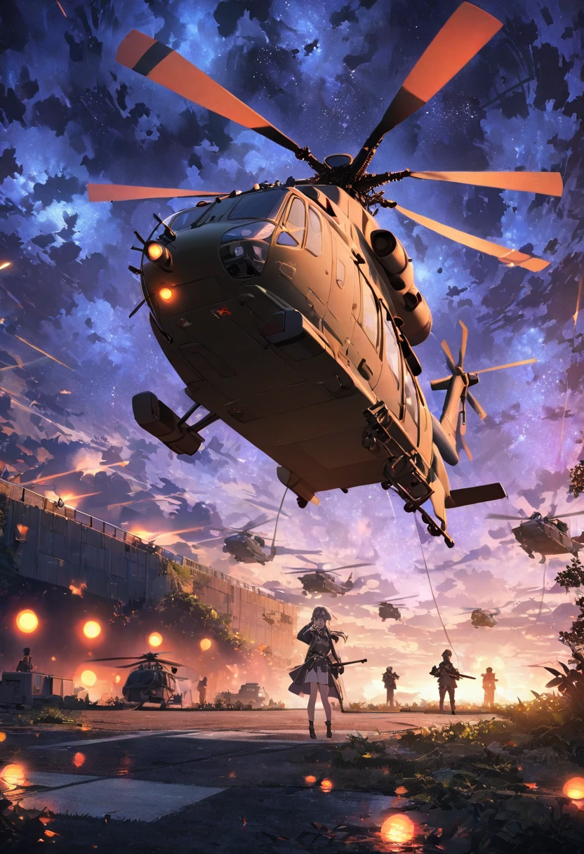 Anime Style, A girl in a military uniform standing beside the helicopter, military helicopter, whole body, beautiful night, warm glowing lights, intricate background, masterpiece, super detailed, epic composition, ultra HD, high quality, extremely detailed, 8K wallpaper