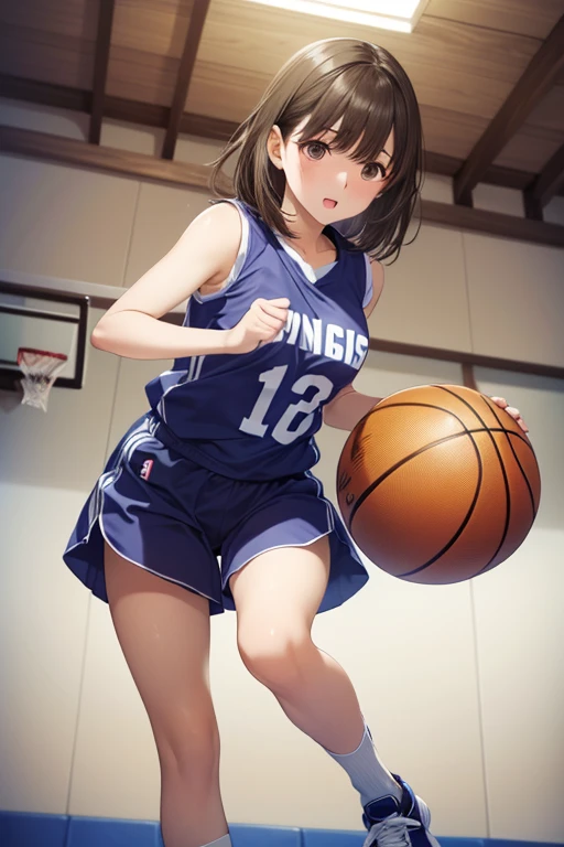 ((Best Quality)), ((masterpiece)), ((Very detailed)), (Very delicate and beautiful),1 Girl、(((From below)))、basketball、Only one girl has the ball、basketballのユニフォーム、(((dribble、Running)))、Basketball shoes、socks、basketballの印象的なポーズ、In the gym、Basketball goal