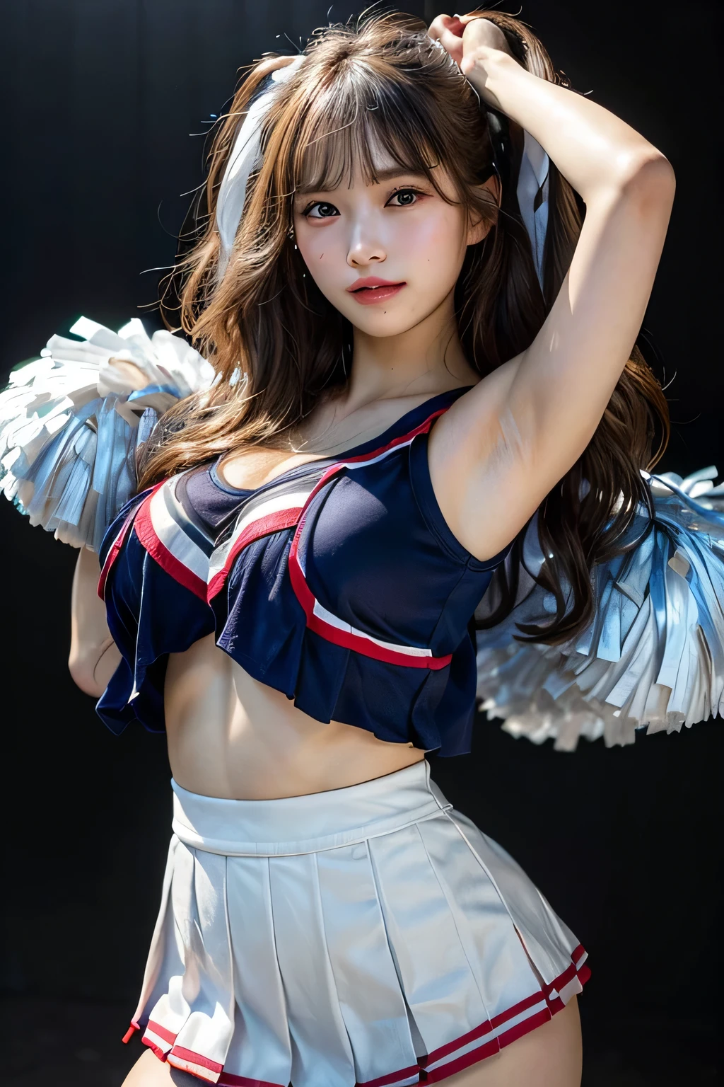 Slender Asian girl, kpop idol, ((CHEERLEADER)), ((top quality, 8k, masterpiece: 1.3)), crisp focus: 1.2, beautiful woman with perfect figure: 1.4, highly detailed face and skin texture, detailed eyes, ((skinny)), beautiful face, symmetrical face, full-length, sexy, almost naked