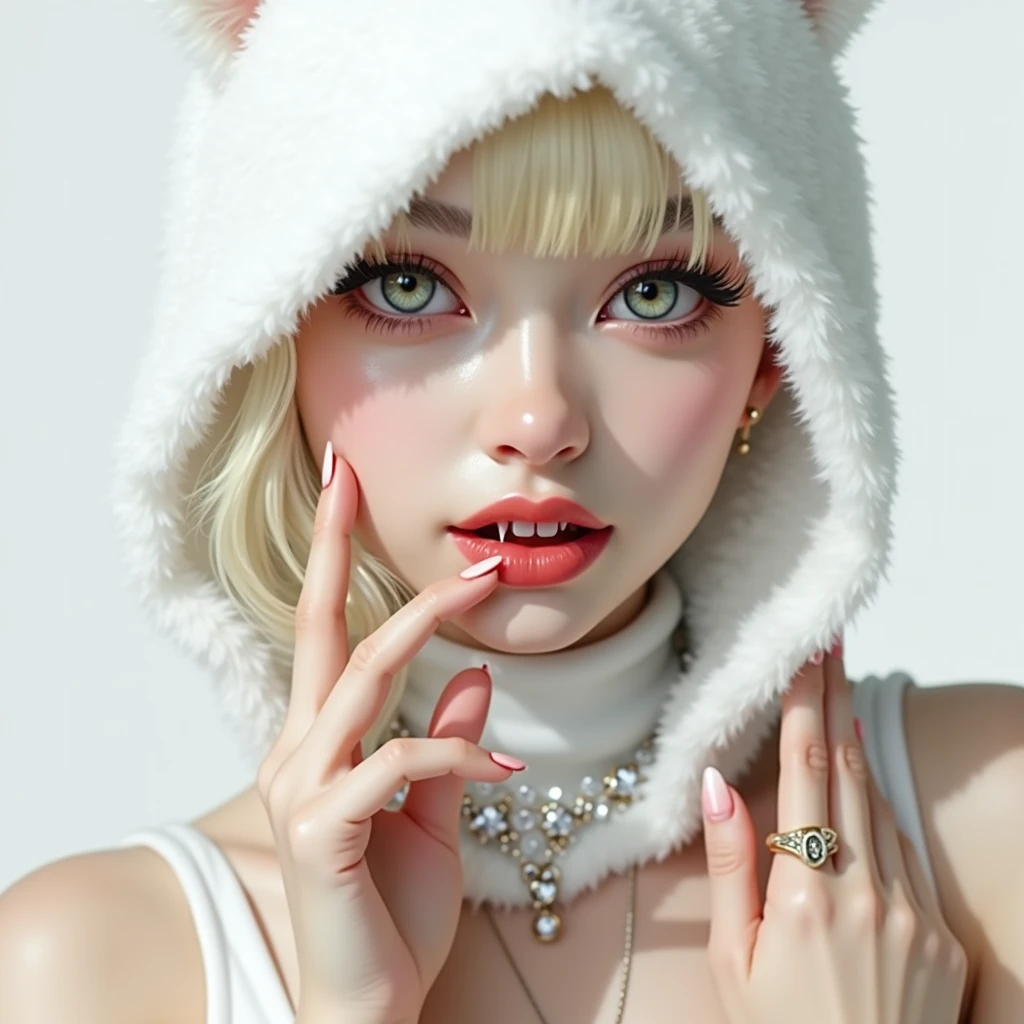Cat female glitter white skin , frok, pink , flowers earings, phone in hand, taking selfie ,makeup , on wooden bed ,in room