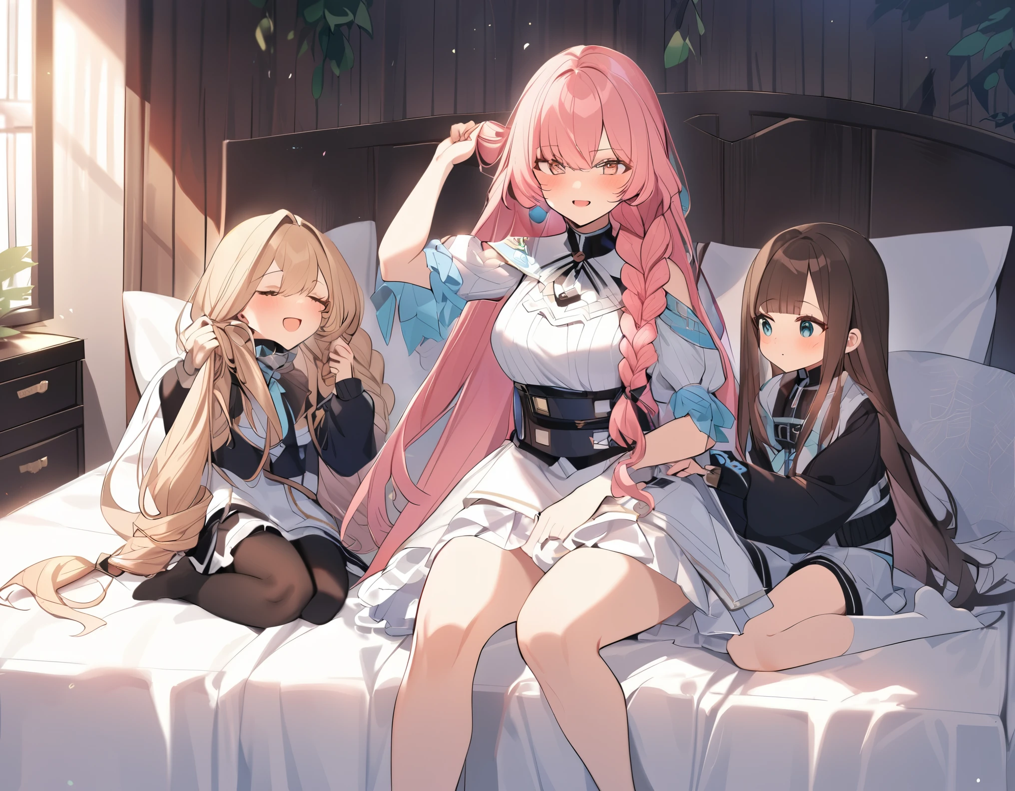 beautifully drawn、High quality、Beautiful sisters、Stand with legs spread、Panties looking up from directly below、 Lower panties with your hands 、red blush、