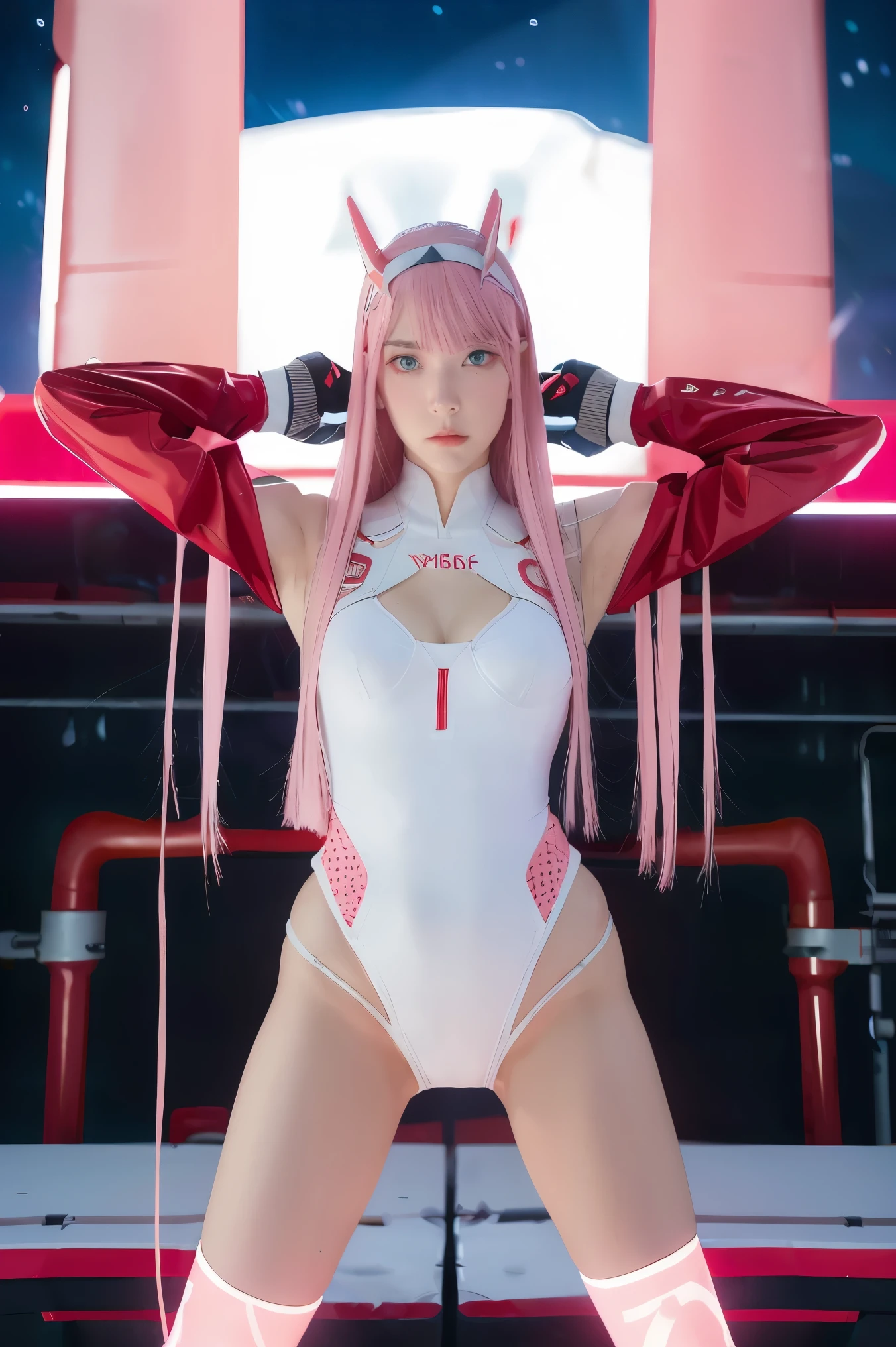 dynamic angle,ultra-detailed, illustration, straight on, 1girl, ((Zero two, interface headband with a pair of horns, red bodysuit:1.4, pink hair)), Her eyes shone like dreamy stars,(glowing eyes:1.233),(beautiful and detailed eyes:1.1),(expressionless, closed mouth),(standing), (mechanic room with tools and spaceship window in a white SPACESHIP), (night:1.2), dreamy, dynamic pose,