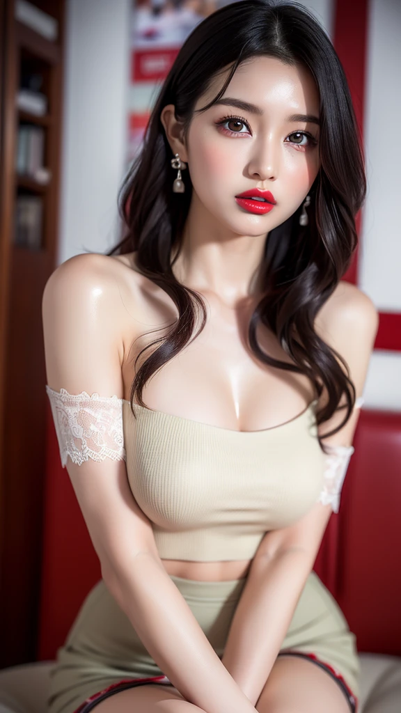 masterpiece, Highest quality, Realistic, Very detailed, Finer details, High resolution, 8k wallpaper, One beautiful woman, Wear an elegant black see-through shirt, In a great restaurant, At night, Light brown messy hair, Perfect dynamic composition, Beautiful and beautiful eyes、Big earrings、Sleeveless shirt、