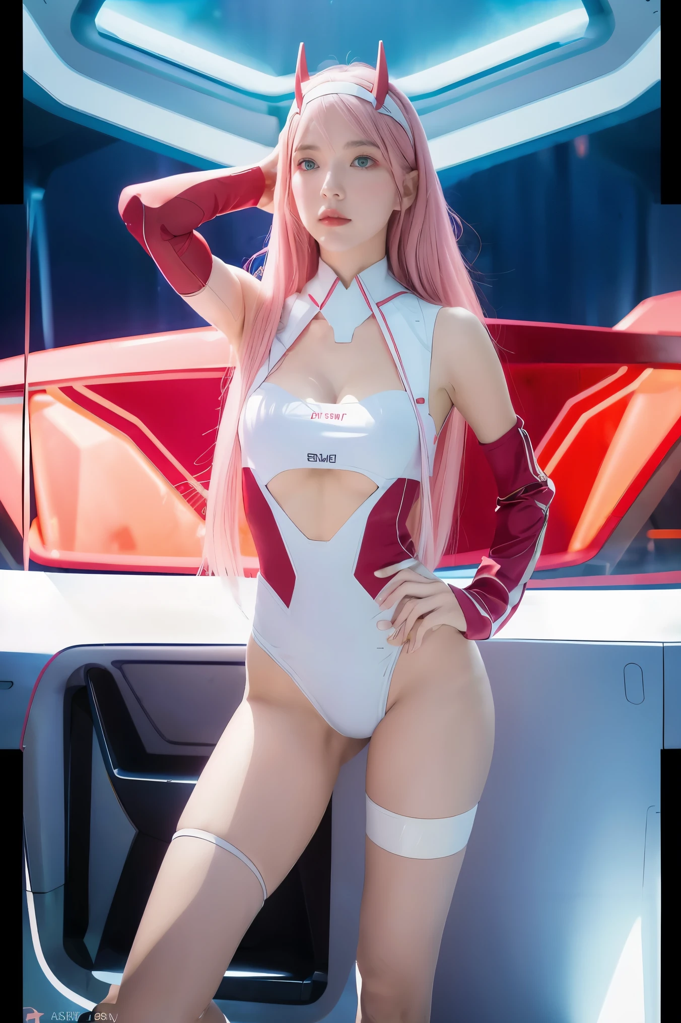 dynamic angle,ultra-detailed, illustration, straight on, 1girl, ((Zero two, interface headband with a pair of horns, red bodysuit:1.4, pink hair)), Her eyes shone like dreamy stars,(glowing eyes:1.233),(beautiful and detailed eyes:1.1),(expressionless, closed mouth),(standing), (mechanic room with tools and spaceship window in a white SPACESHIP), (night:1.2), dreamy, dynamic pose,