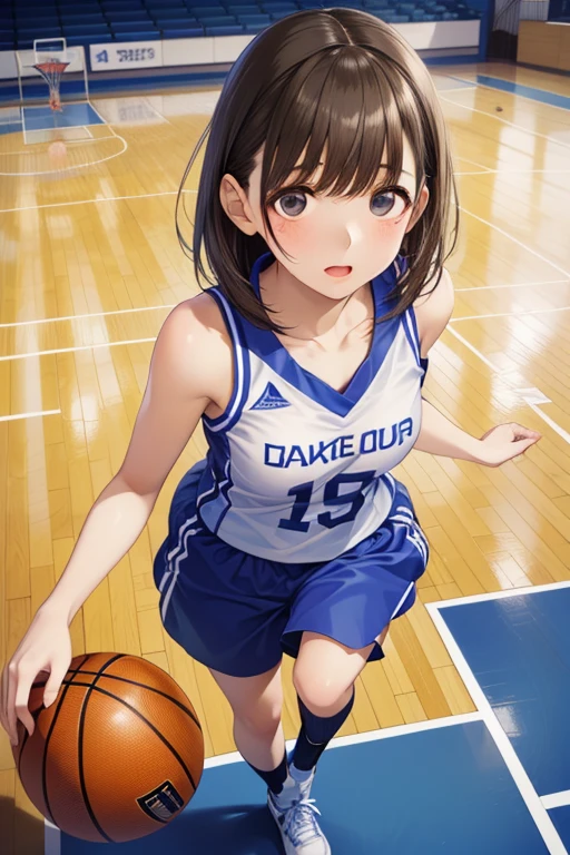 ((Best Quality)), ((masterpiece)), ((Very detailed)), (Very delicate and beautiful),1 Girl、(((From above)))、basketball、Only one girl has the ball、basketballのユニフォーム、(((dribble、Running)))、Basketball shoes、socks、basketballの印象的なポーズ、In the gym、Basketball goal
