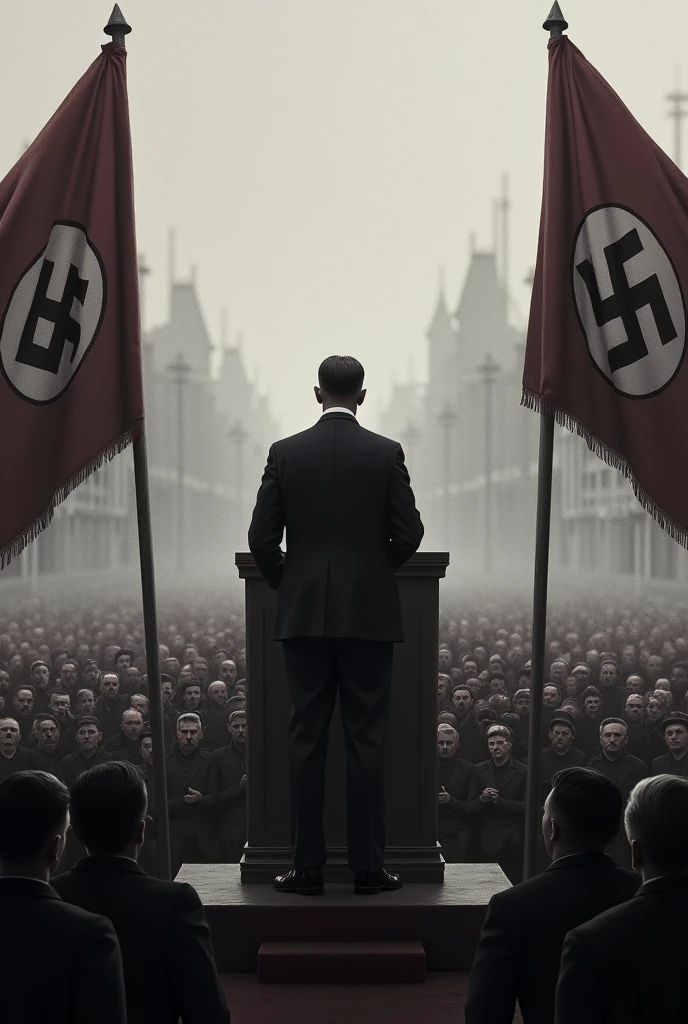 Hitler giving a speech on a platform decorated with the Nazi flag, while a hundred people listen to it in order
