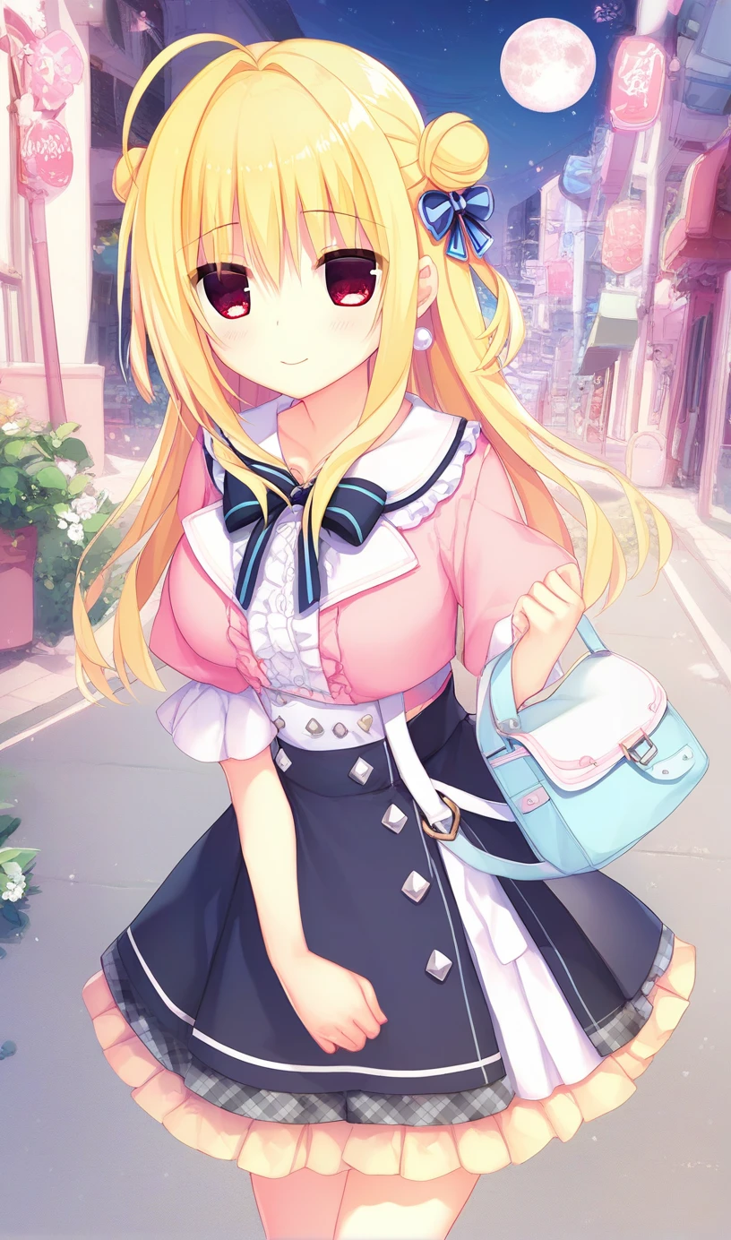 1girl,hiyori-default,hiyori-default,red eyes,blonde hair, double bun,ahoge, long hair, Pastel cropped top, pastel high-waisted skirt, tight skirt, pink pumps, pearl accessories, crystal earrings, simple clutch bag, short jacket, sidewalk, Night view、City、full moon