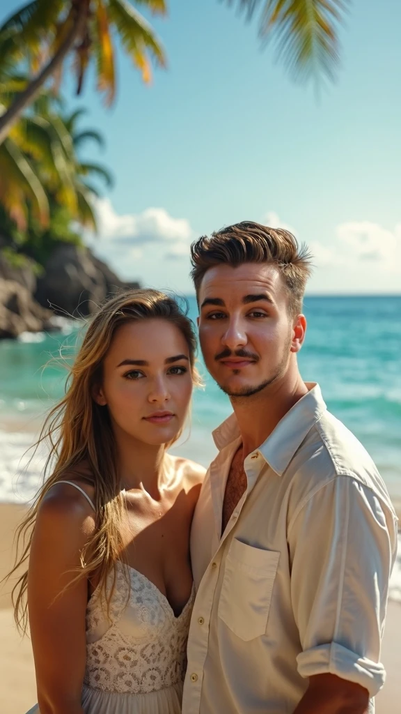 "The blonde man with an all-American look stands confidently on a picturesque beach, facing away from the camera as the sun sets on the horizon. His short, sleek blonde hair and distinctly American facial features—sharp jawline, chiseled cheekbones, and piercing blue eyes—are subtly outlined against the fading light. He is dressed in vividly colored, floral-patterned shorts, a crisp white shirt, a stylish bracelet on his wrist, and pristine white sneakers. Red sunglasses are casually perched on his head. Next to him, slightly blurred due to the low light, is his girlfriend, her presence suggested by her silhouette rather than detailed features. The soft, golden glow of the sunset casts a warm light over the scene, creating a serene and romantic atmosphere. The camera captures the moment with a focus on the silhouettes against the colorful sky, emphasizing the calm and intimate setting of the beach. The scene is rendered with high-resolution clarity, ensuring the man’s striking presence and the tranquil beauty of the sunset are captured with vivid realism."