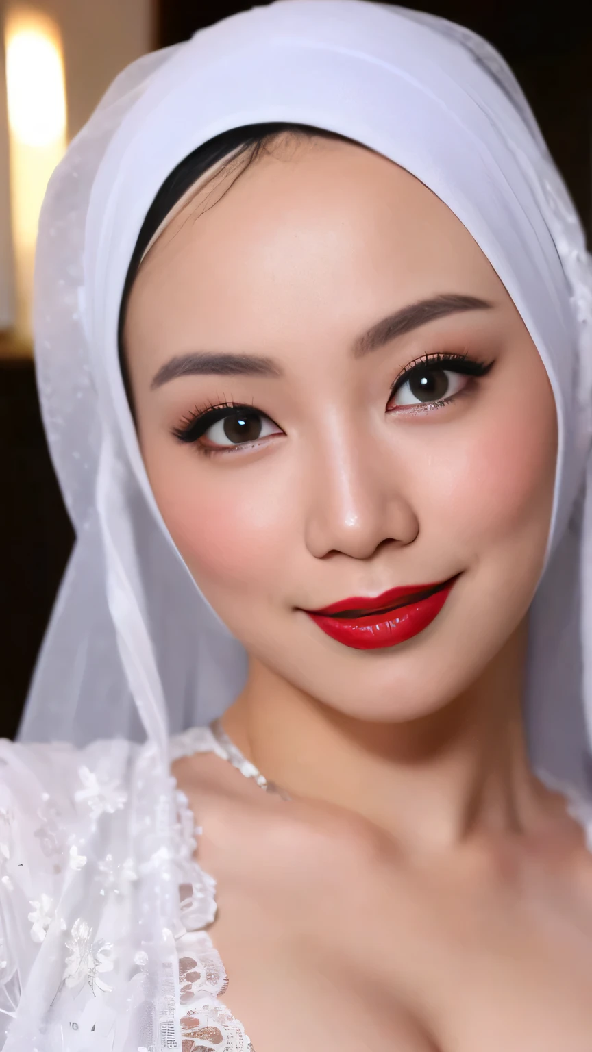 ((Realistic lighting, Best quality, 8K, Masterpiece: 1.3)), Clear focus: 1.2, 1 indonesian hijab girl, ta , Perfect close up, beauty nude, naked, (white hijab, medium saggy breasts: 1.3), lace material, (indoor, night: 1.1), porn studio background, Super fine face, fine eyes, double eyelids, naughty smile, sexy seducing close up pose, Red Lipstick, Sensual Lipstick, Sensational Make up