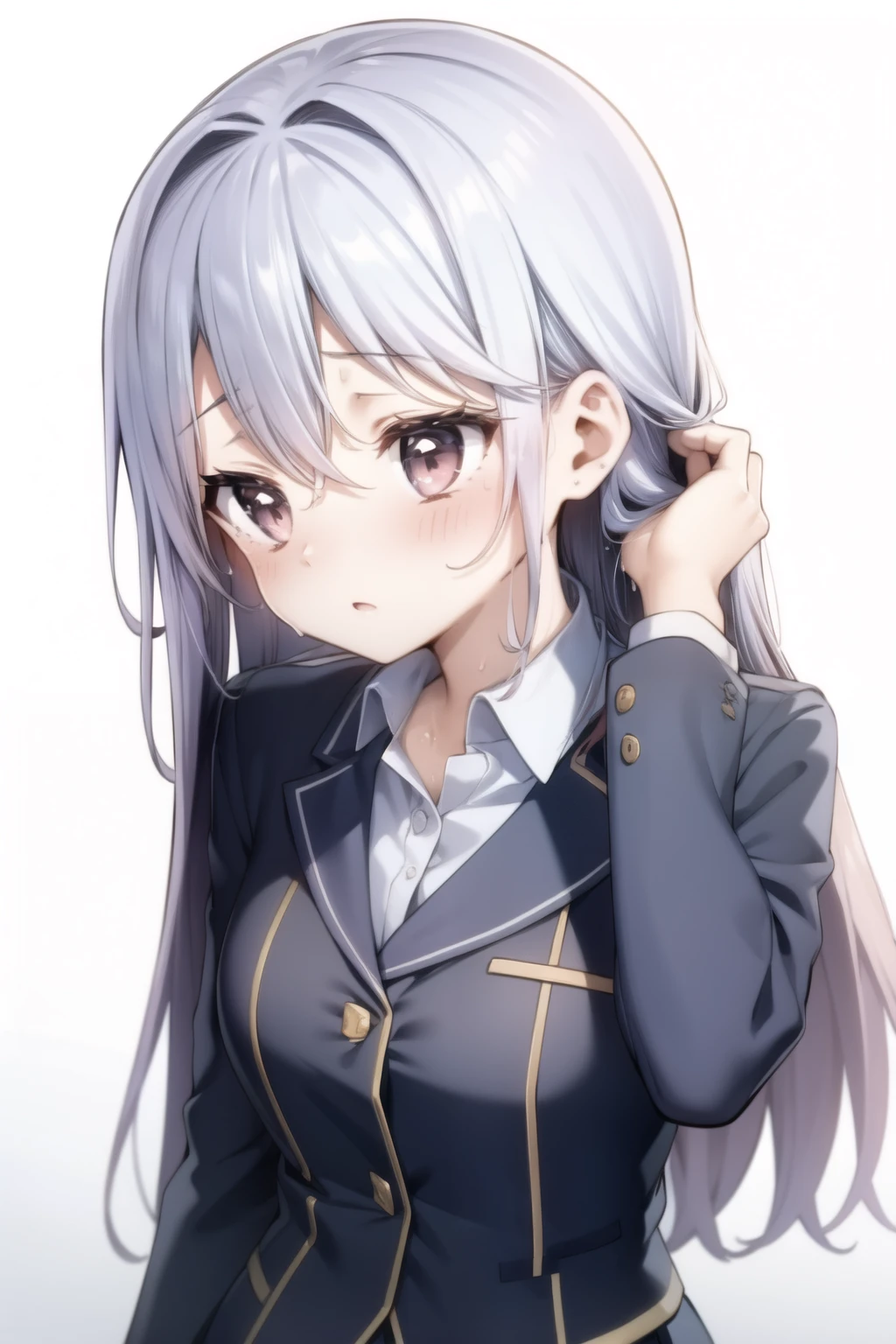 girl in school uniform, touches his hair, holds his hair, is embarrassed. blushed, looks down. sweat
