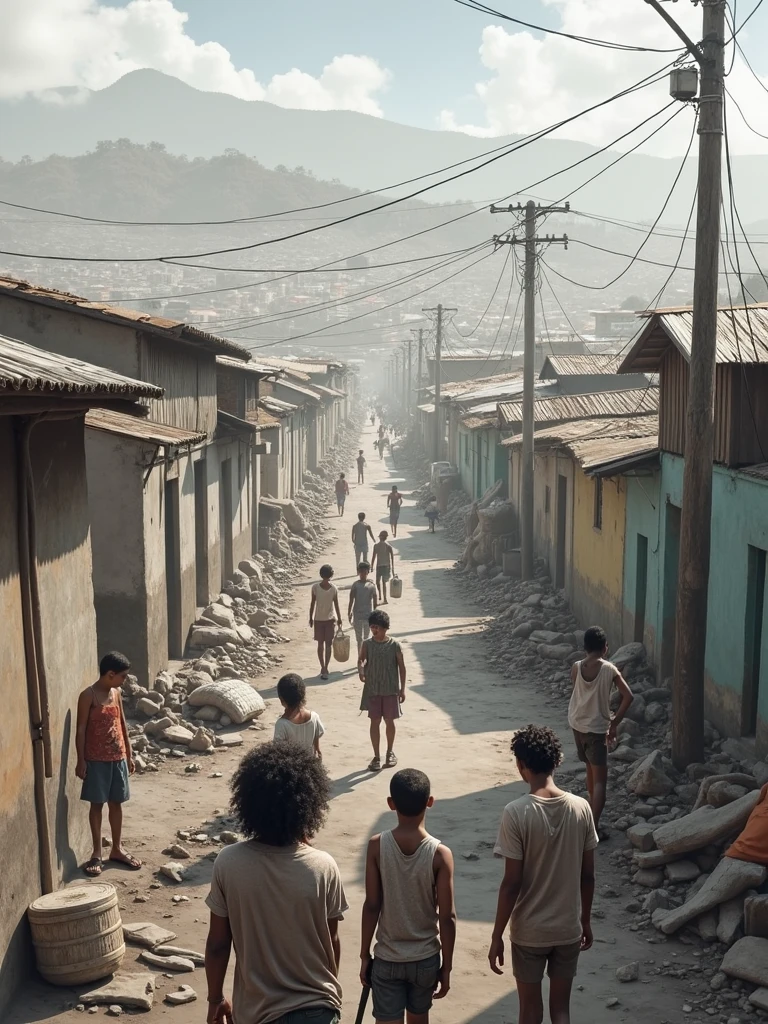 distant sirens and strong wind. The camera flies over a devastated and abandoned city. Cracked asphalt reveals extreme drought, while crumbling buildings contrast with the heavy, cloudy sky. a rusty sign, Swaying with the wind, shows a water advertisement "for a fair price".Children with tired faces, kneeling on the floor, try to extract the last drops of water from a dry pipe, unsuccessfully. a lonely drop falls into the bottom of an empty can.
