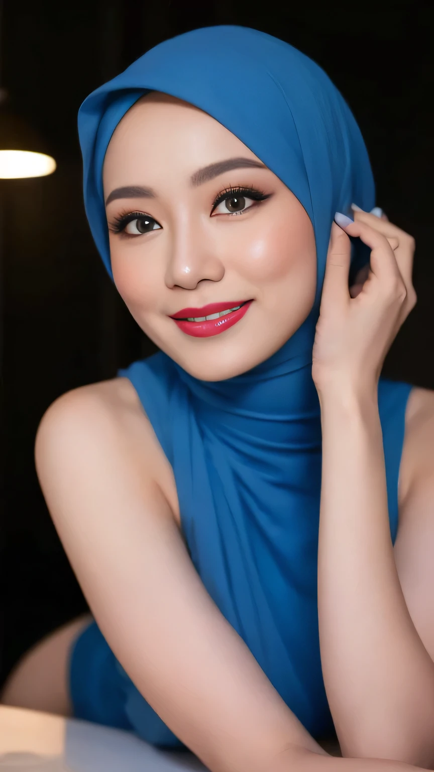 ((Realistic lighting, Best quality, 8K, Masterpiece: 1.3)), Clear focus: 1.2, 1 indonesian hijab girl, ta , Perfect close up, beauty nude, naked, (Blue hijab, medium saggy breasts: 1.3), lace material, (indoor, night: 1.1), porn studio background, Super fine face, fine eyes, double eyelids, naughty smile, sexy seducing close up pose, Red Lipstick, Sensual Lipstick, Sensational Make up