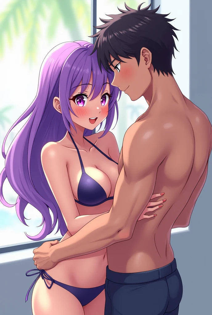 SeaArt Txt2Img Studio Anime Robot with provocative body, purples eyes, purple wavy hair , and pretty face, e biquine roxa , white, and with big breasts, but not too exaggerated , she is talking to a tall black haired guy , she shows her ass to him , he keeps one hand on her ass, while looking into her eyes , he turns her on her back They are lying down@of the in bed