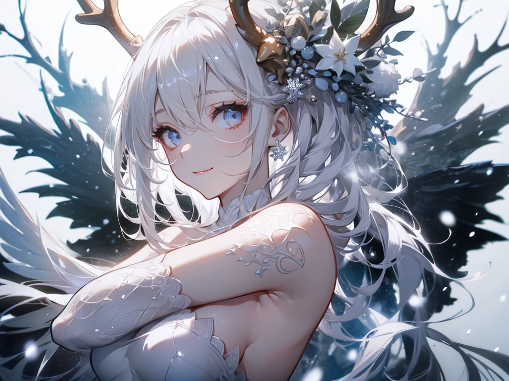 Make a snow goddess with dark blue eyes, deer antlers,