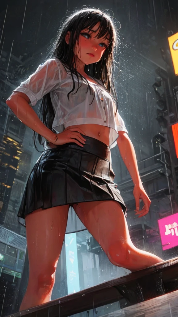 ultra-detailed, vibrant colors, soft natural lighting, fine art, bokeh effect. upper body, casual outfit, medium shot, big eyes, huge eyes, ((standing)), ((raining:1.4)), under the rain, ((gray colours:1.5)), ((at night)), ((dark atmosphere:1.5)), ((small breasts:1.3)), ((flat chest)), ((neon lights:1.4)), ((Hong kong view on the background:1.4)), ((wet hair:1.5)), ((wet:1.4)), ((mini skirt:1.4)), ((view from below:1.4))