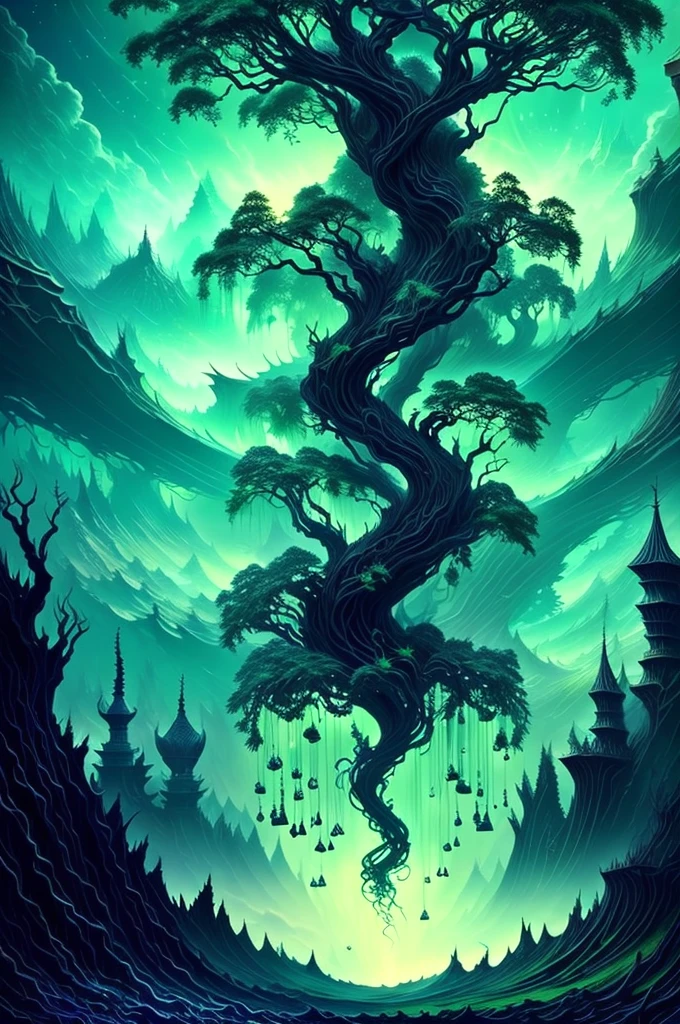 Create a surrealistic, fantasy tree with exaggerated, flowing branches that extend into the sky, blending with clouds or stars. The tree should have grey leaves that gradually change from light black to light brown. Incorporate fantastical elements like glowing light green roots, hanging lanterns, or small birds."  Use darker colors only