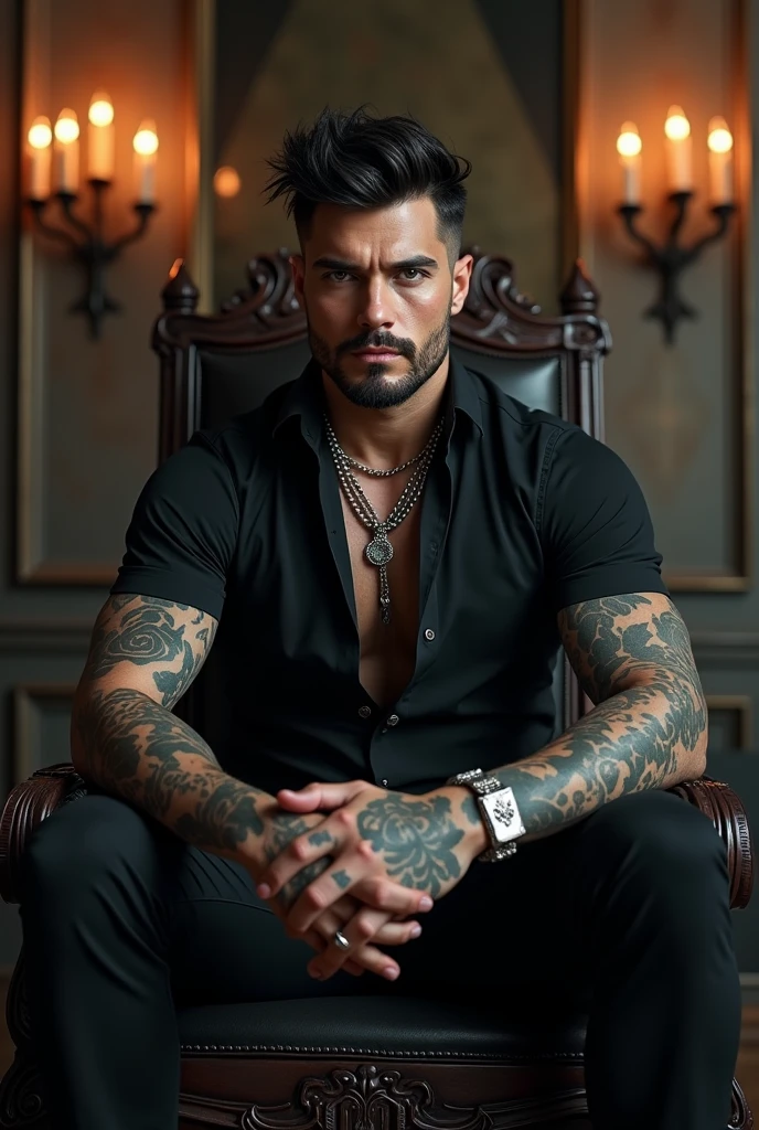 An attractive man,comely, Youngh, mafioso serious look, using suit, all tattooed