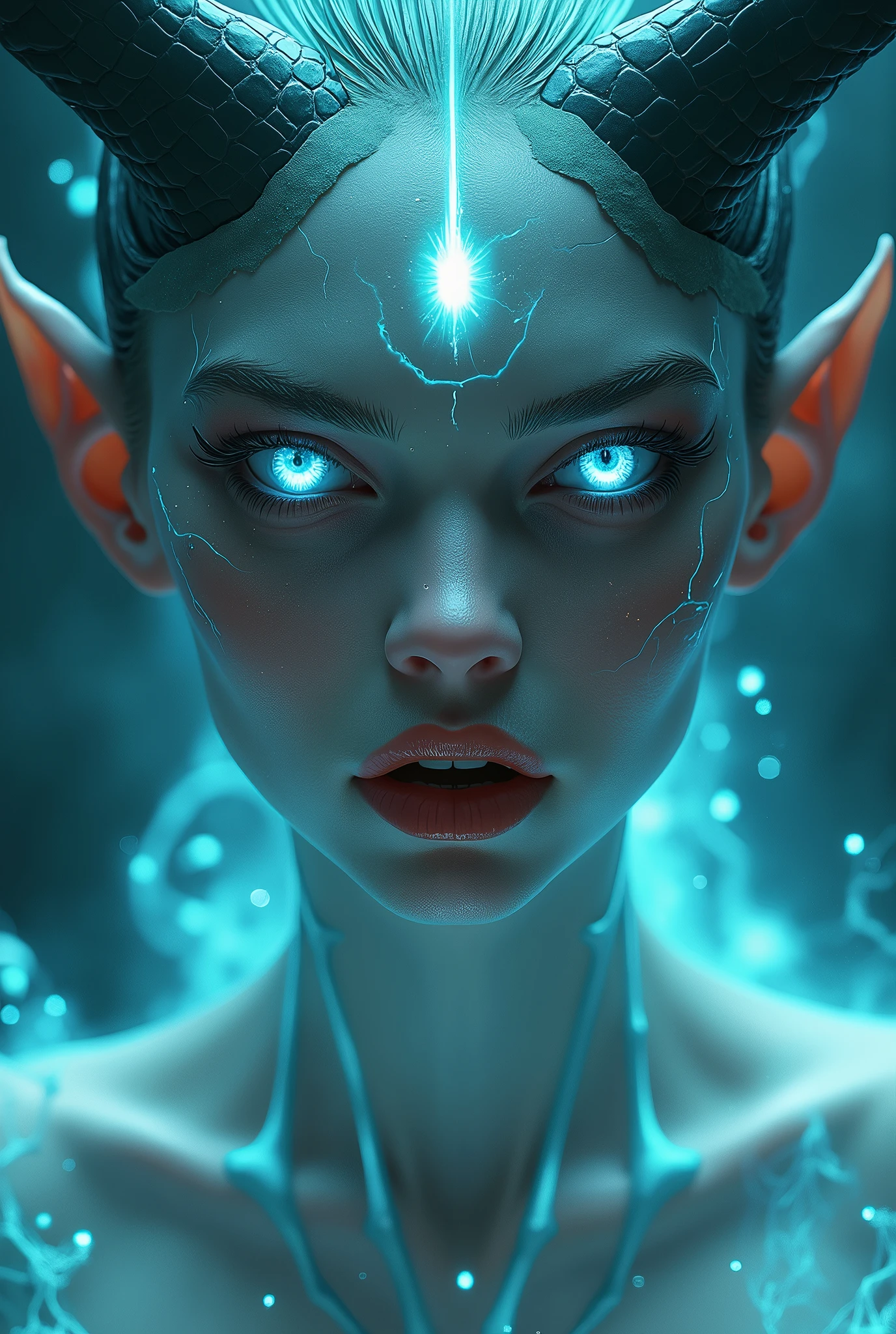 Alien with female appearance Without hair Translucent white shiny scaly skin Glowing skin from within Translucent shiny scaly skin of different colors Bright translucent crystal eyes
With bright strings coming out of her fingertips like a puppeteer