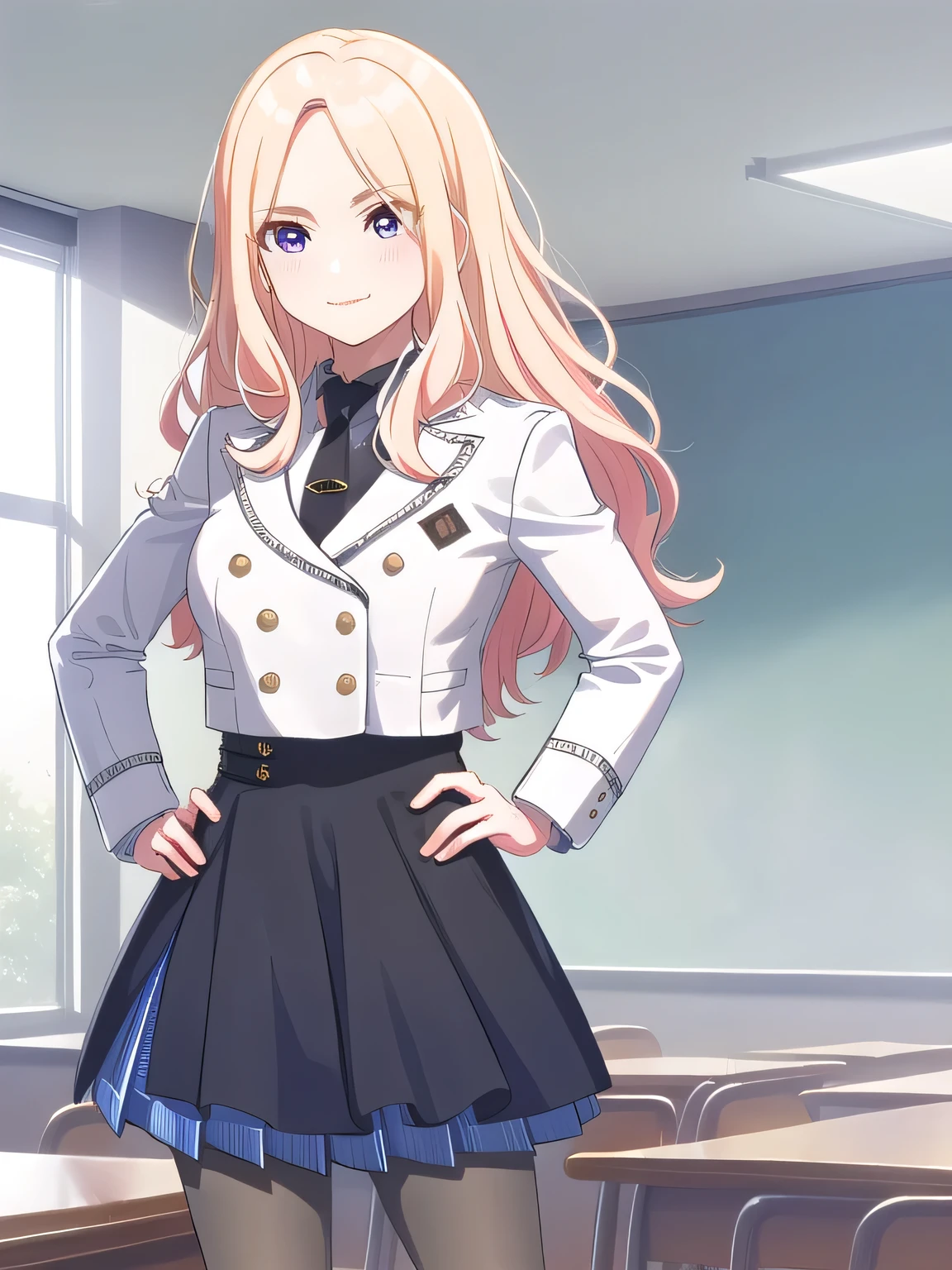 (masterpiece, best quality), highly detailed background, perfect lightingbest quality, juuousena, indoors, classroom, blonde hair, parted bangs, forehead, streaked hair, wavy hair, very long hair, purple eyes, medium breasts, white jacket, cropped jacket, double-breasted, blazer, buttons, black necktie, collared shirt, white shirt, long sleeves, (left hand up, right hand on hip:1.1), high-waist skirt, black skirt, pleated skirt, blue skirt, plaid skirt, grey pantyhose, school uniform, smile, closed mouth, :),