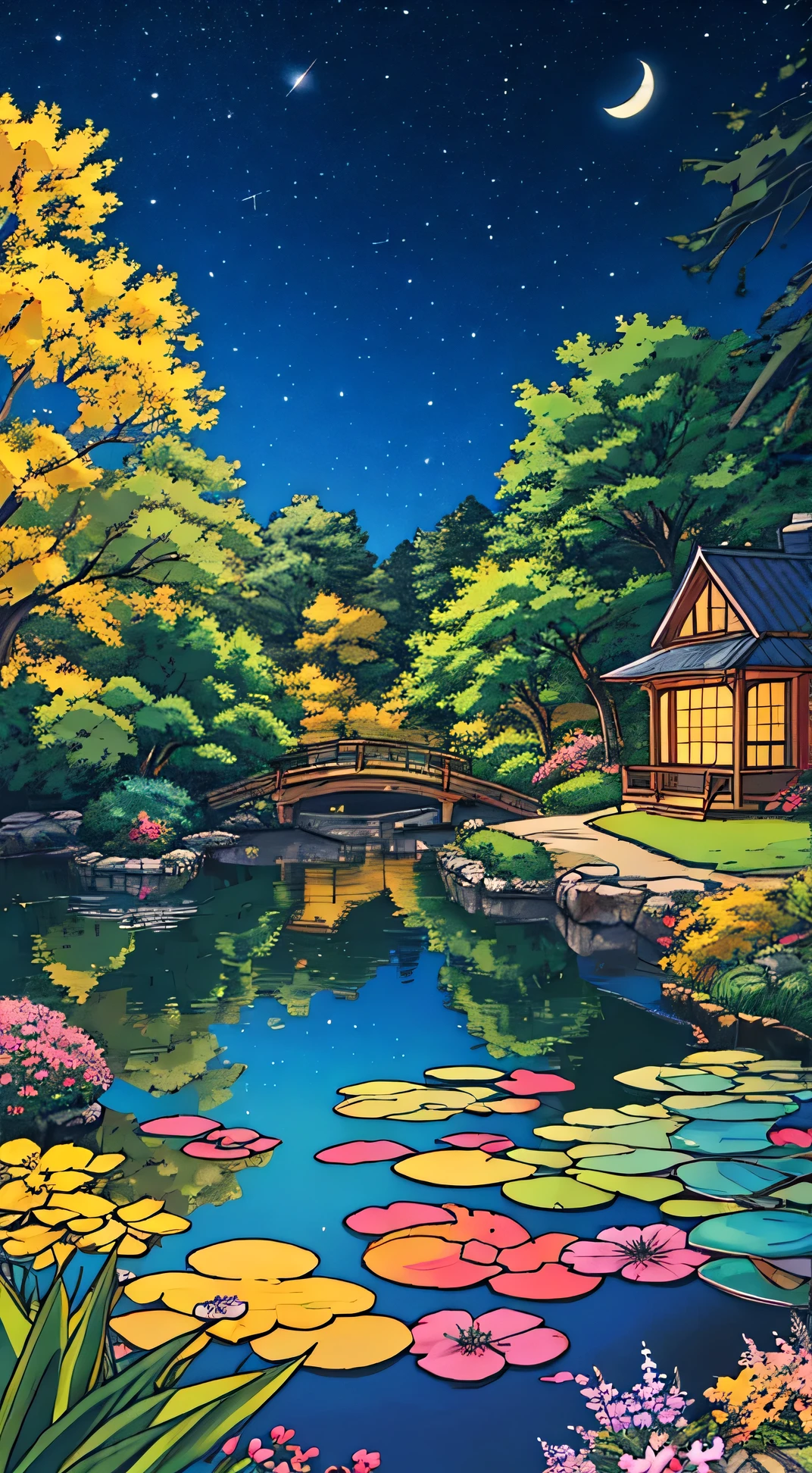 "Anime nature wallpaper of a lively forest clearing with colorful flowers, animated trees, and a crystal-clear pond reflecting the night sky. Warm, festive colors with stars twinkling, creating a magical and joyous atmosphere."