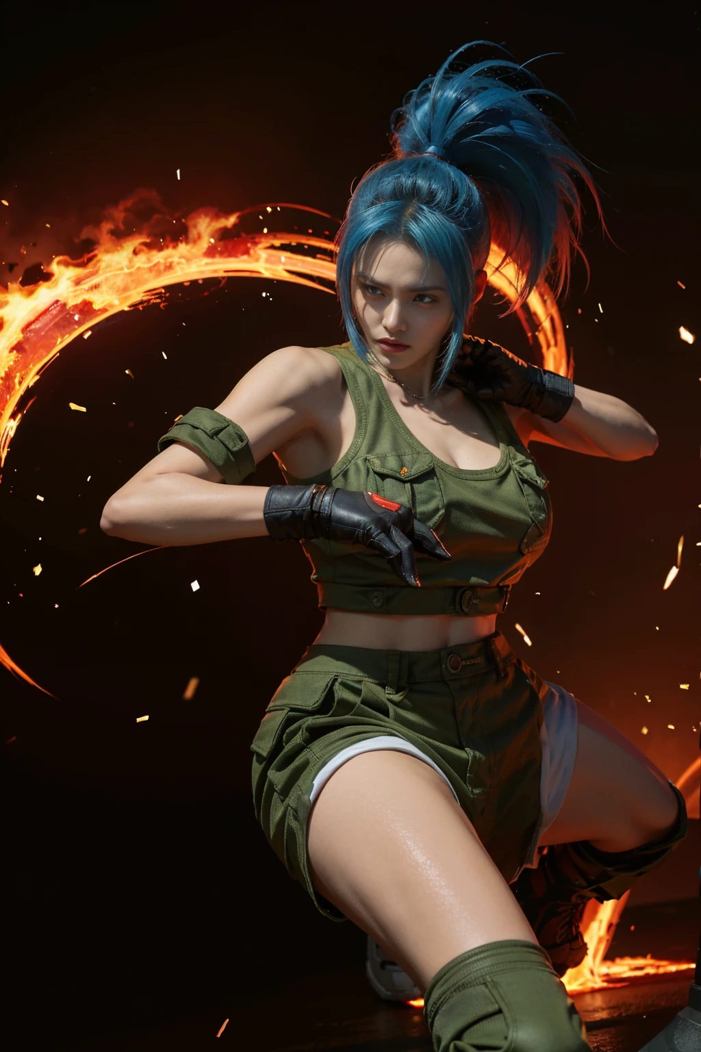 Leona Heidern, a formidable fighter from the King of Fighters franchise, mid-transformation into her powerful Orochi form. With a dramatic backdrop of swirling, fiery energy, Leona's typically stoic gaze is intense and unwavering as she embraces the ancient and volatile spirit of Orochi. Her once blue hair has begun to transform into a vivid, fiery red, with each strand taking on the intensity of the burning embers that dance around her. Her hair has grown longer and more voluminous, forming into a spiky ponytail that whips around her as if driven by an unseen force. The transformation has also affected her attire, with her usual military-inspired outfit now adorned with crimson and gold accents that resonate with the Orochi power surging through her. Most notably, her right hand has morphed into a terrifying claw-like structure, while her left hand remains in a fixed, bladed stance, both ready to unleash devastating attacks. Her index finger on her right hand is elongated and sharp, reminiscent of the deadly Orochi tail it represents. This pivotal moment is captured in stunning 8k resolution, allowing viewers to discern every intricate detail of her transformation, from the tension in her muscles to the texture of her clothing, all rendered with vivid color and dynamic shadows that enhance the intensity of the scene.