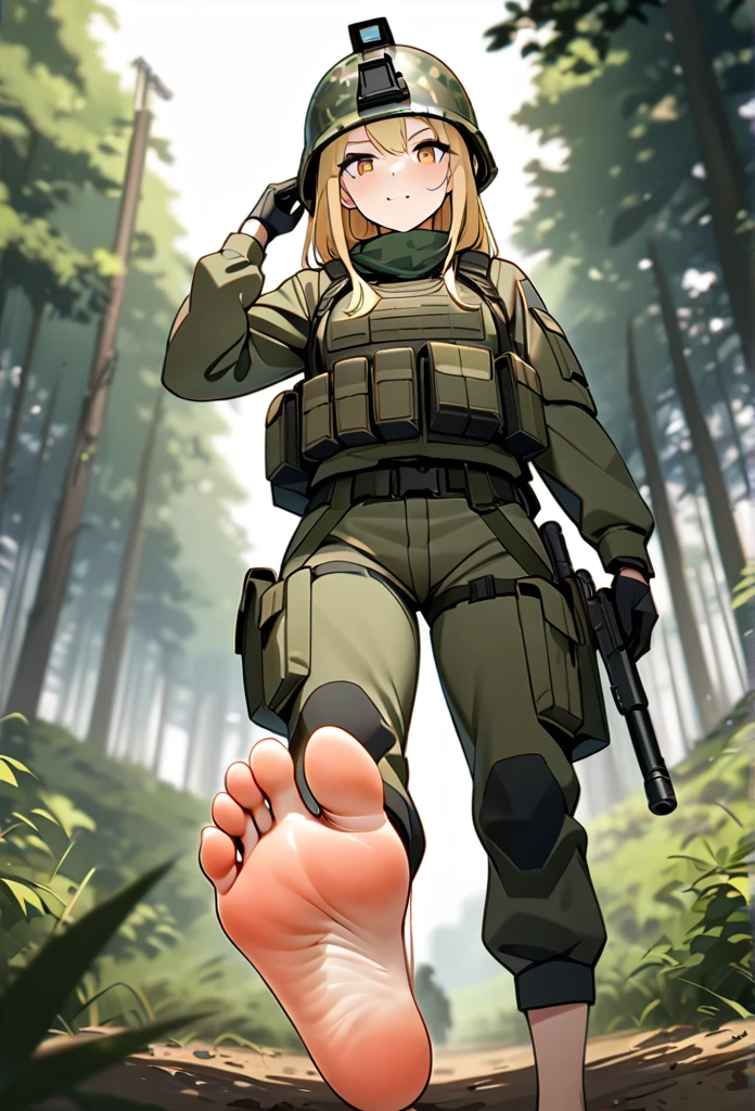 detailed portrait of a woman, blonde hair, standing in a forest field, wearing a camouflage helmet, 1 girl, modern soldier, military trucks in the background,, best quality, 8k，barefoot，Perfect feet，Anatomically correct，Soles，Low Angle，Focal length 35mm, Single, high resolution, Foot Focus